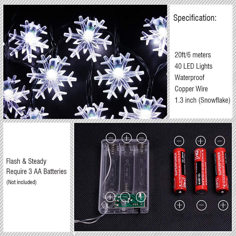 Wesgen 20Ft Snowflake String Lights - 40 Led Waterproof Battery Operated Christmas Decorations