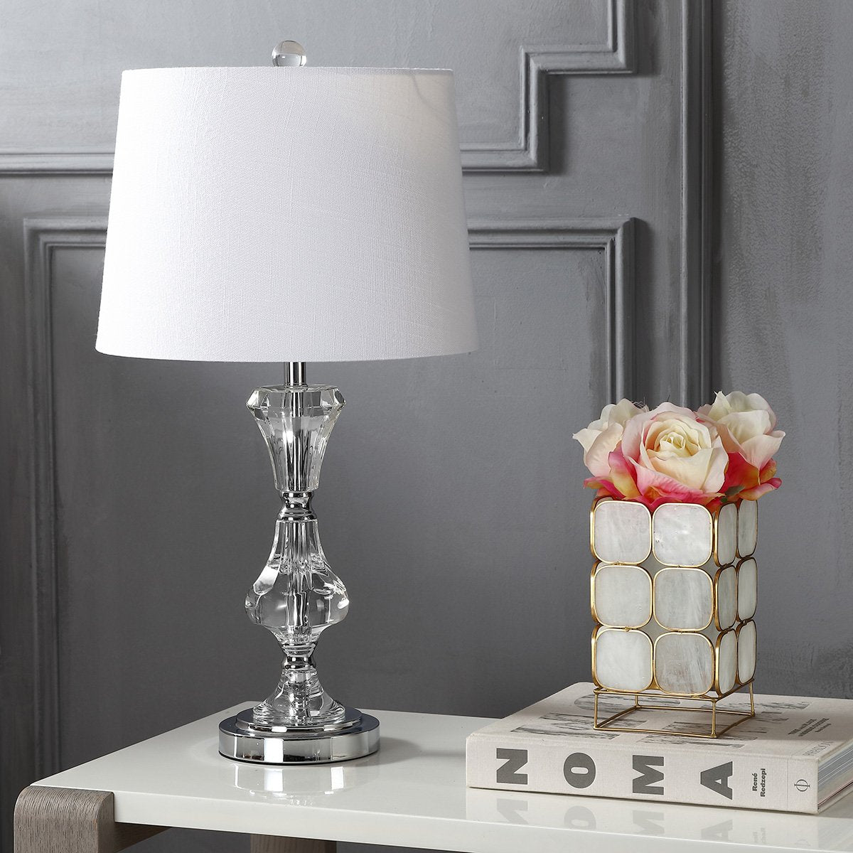 JONATHAN Y Riley 25in Crystal LED Table Lamp, Clear, Model JYL2040A, Transitional Glam Design for Bedroom, Living Room, Office