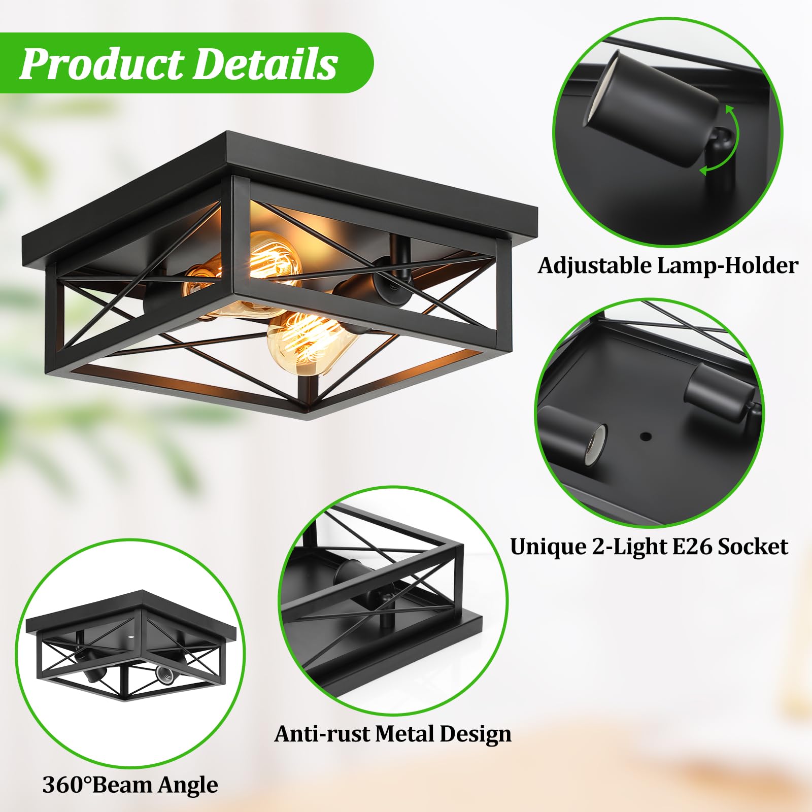 Kondras 2-Light Industrial Square Flush Mount Ceiling Light, Farmhouse Ceiling Light Fixture For Kitchen, Modern Black Close To