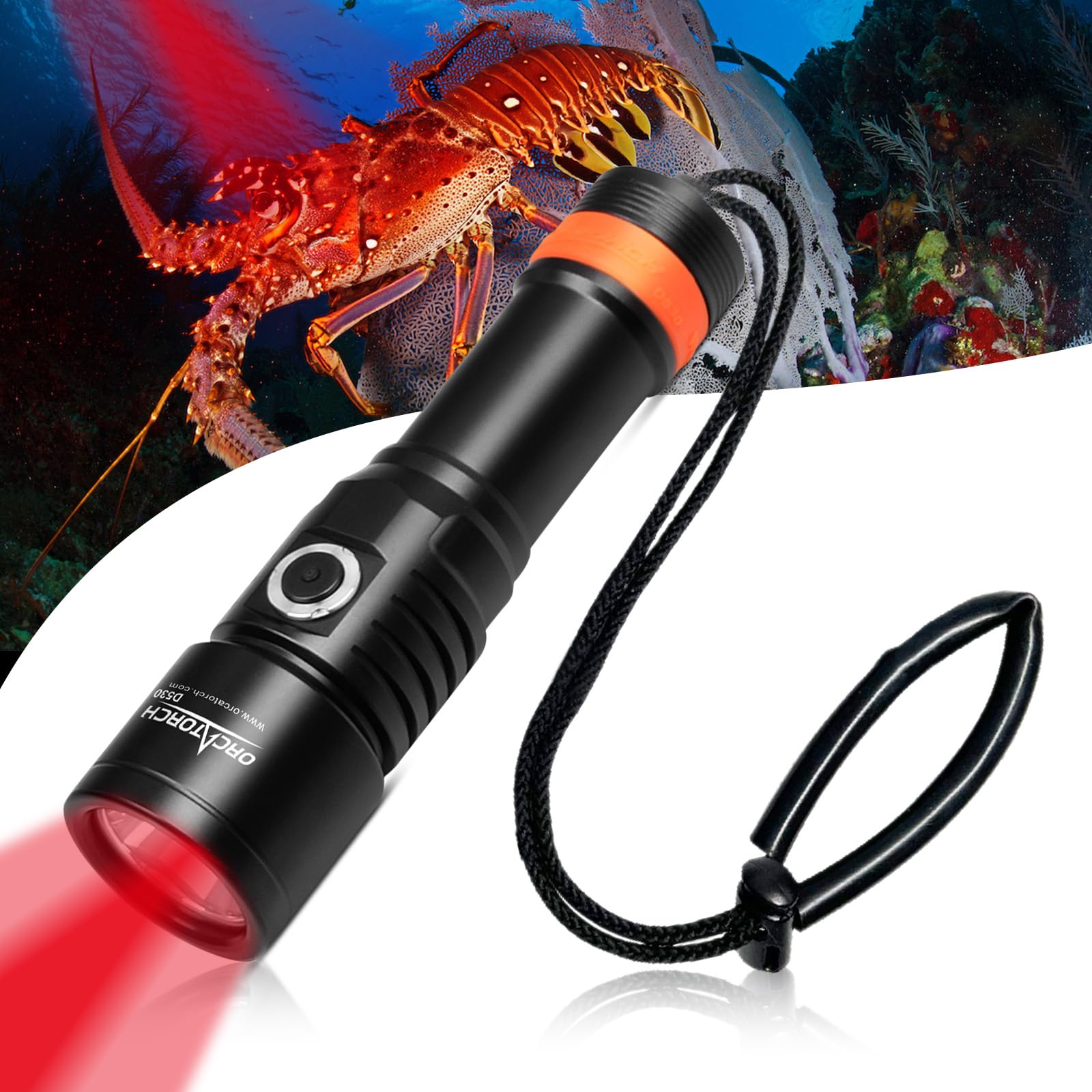 Orcatorch D530 Red Led Dive Light Scuba Flashlight  210 Lumens  6 Degrees Narrow Beam Angle  Titanium Alloy Side Button Switch  2 Lighting Modes With Battery Indicator For Underwater 150 Meters Diving