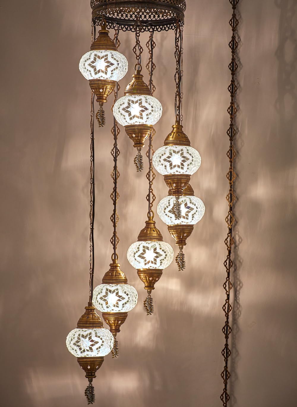 DEMMEX 7 Globes Turkish Mosaic Pendant Light Fixture, 59x14 Inches, Ethereal White, Model DEMMEX-Swag7