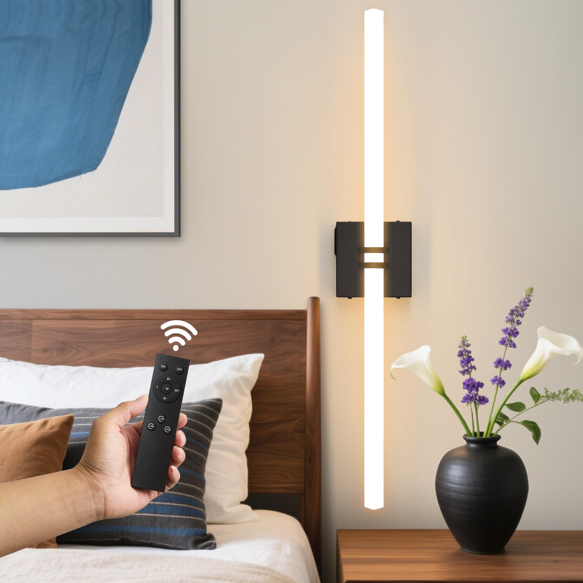 Eicrkodn Battery Operated Wall Sconce, Black Rechargeable Wall Lights with Dimmable Remote Control, 31.5 Inch 3000K-6000K LED Wi
