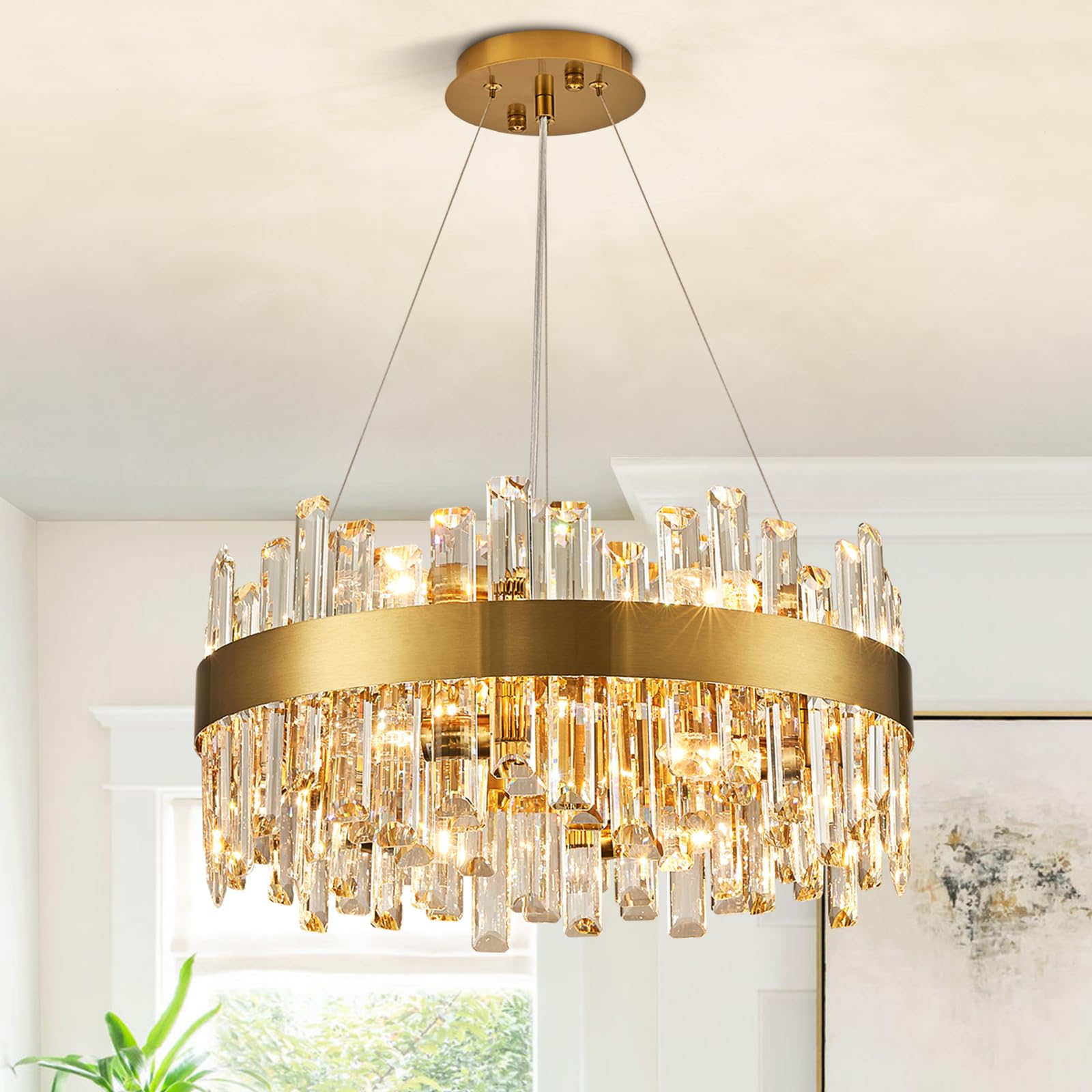 Siljoy Modern Crystal Chandelier, 12 Lights, Brass Gold Finish, Round 19.7 Inch, Clear Crystal, Model FSK0607