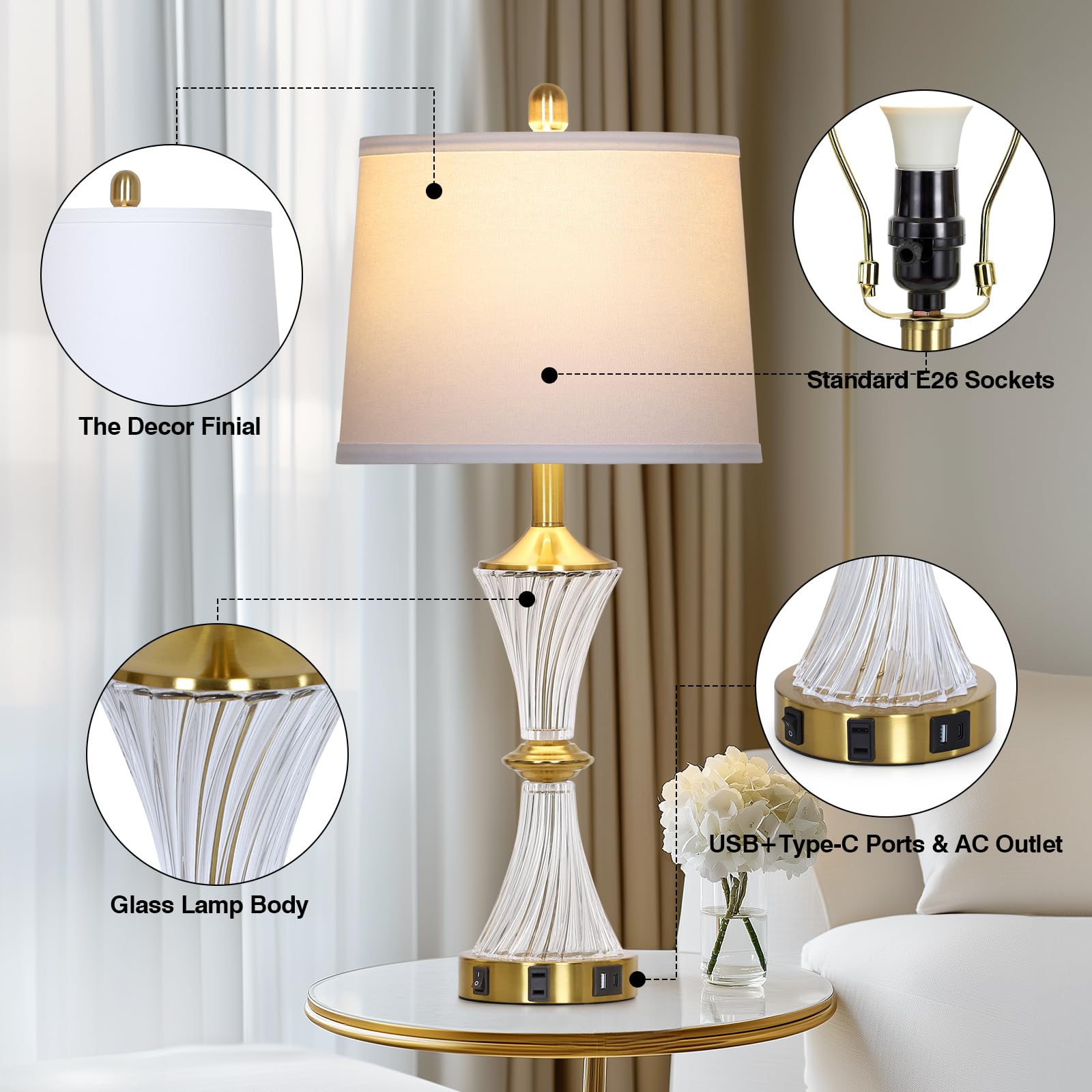 Rinweey Modern Crystal Glass Table Lamp Set of 2, Gold with USB Ports, Includes LED Bulbs, Ideal for Bedroom & Living Room