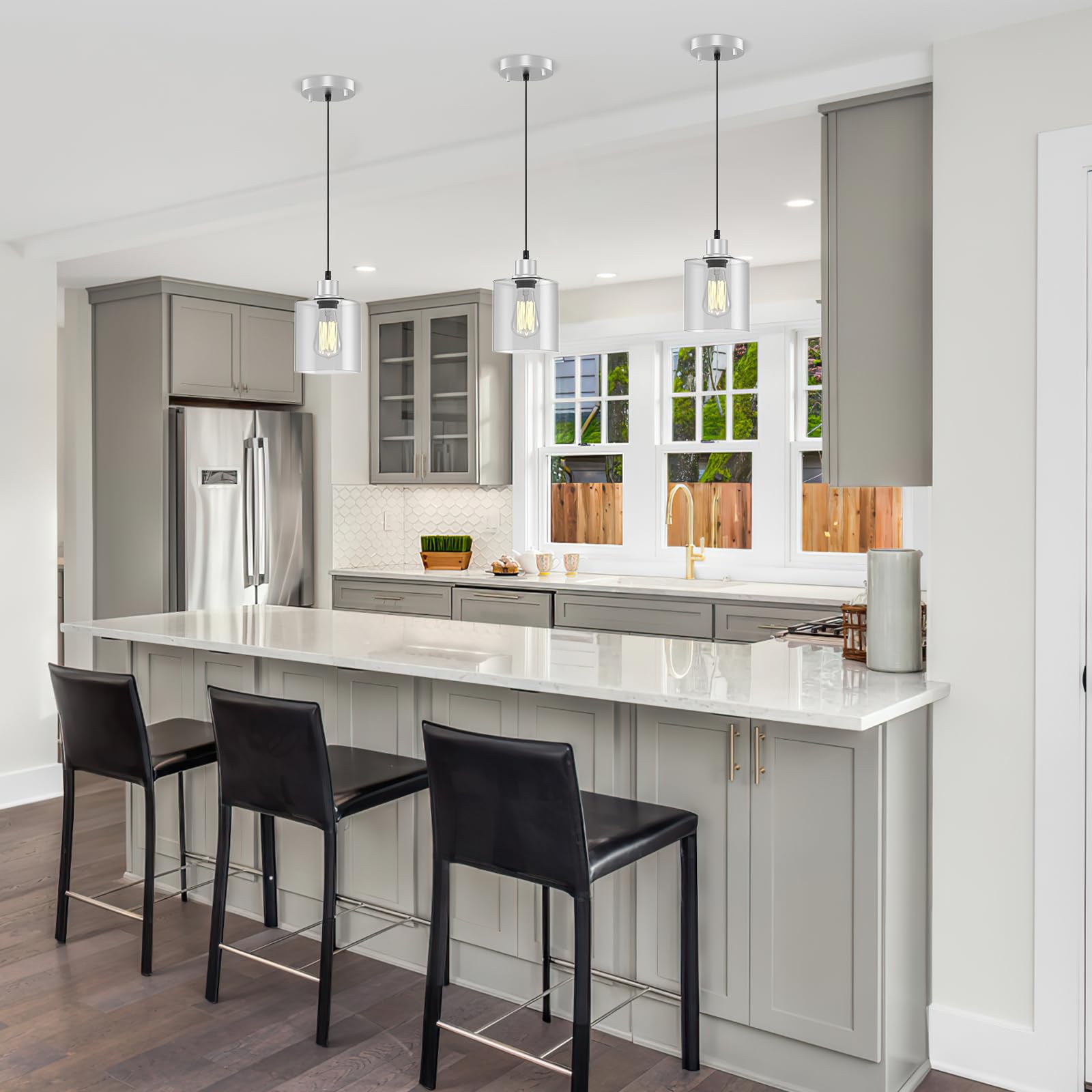 Pendant Light Kitchen Island Lighting 3 Pcs  With Bulb & Clear Glass Shade - 59 Inch Hanging Cord Farmhouse Hanging Lighting Fixture For Dining Room Bedroom Hallway - Brushed Nickel