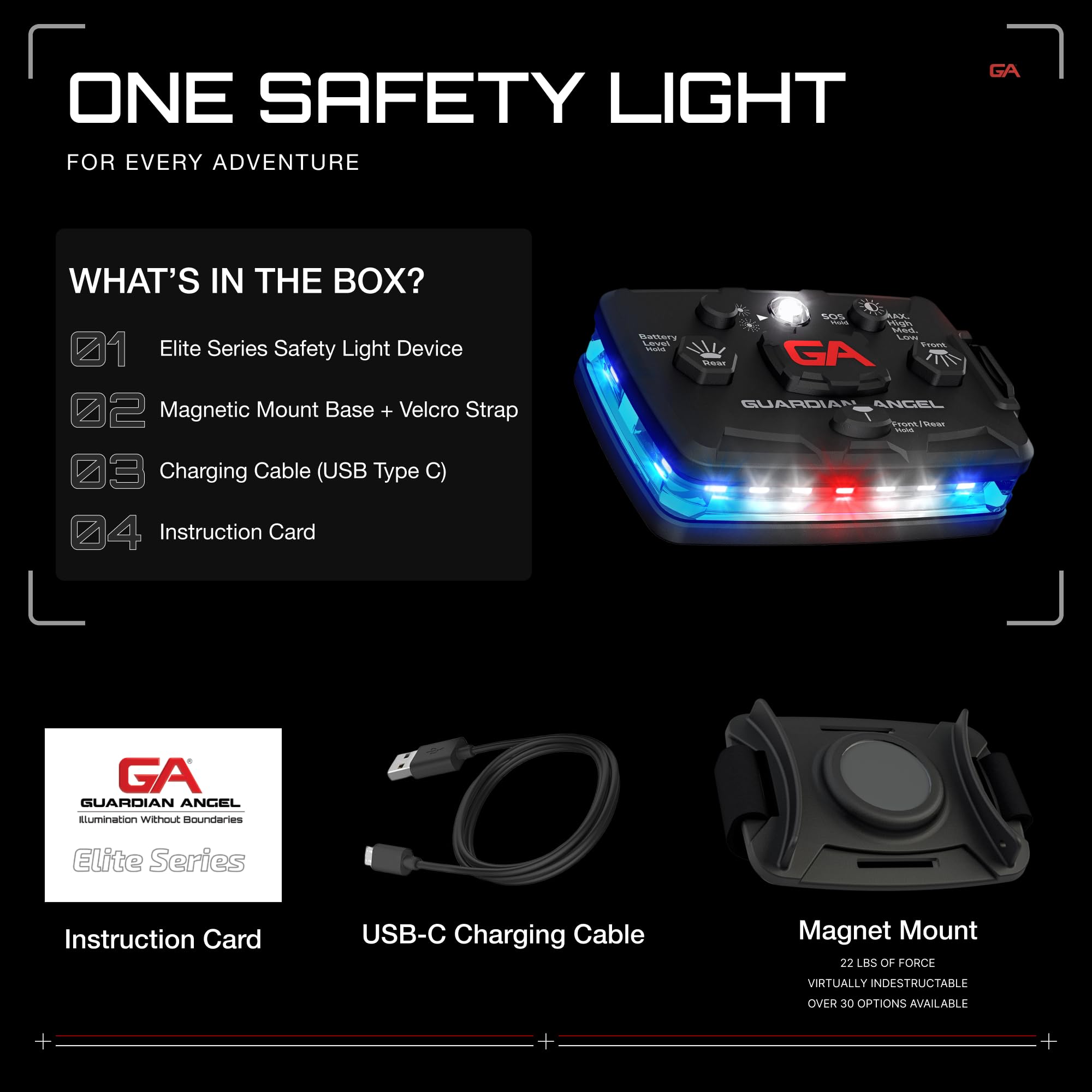 Guardian Angel Elite Series Rechargeable LED Safety Light - Magnetic, Hands-Free, Blue/White Front, Blue Rear, Model ELT-B/B