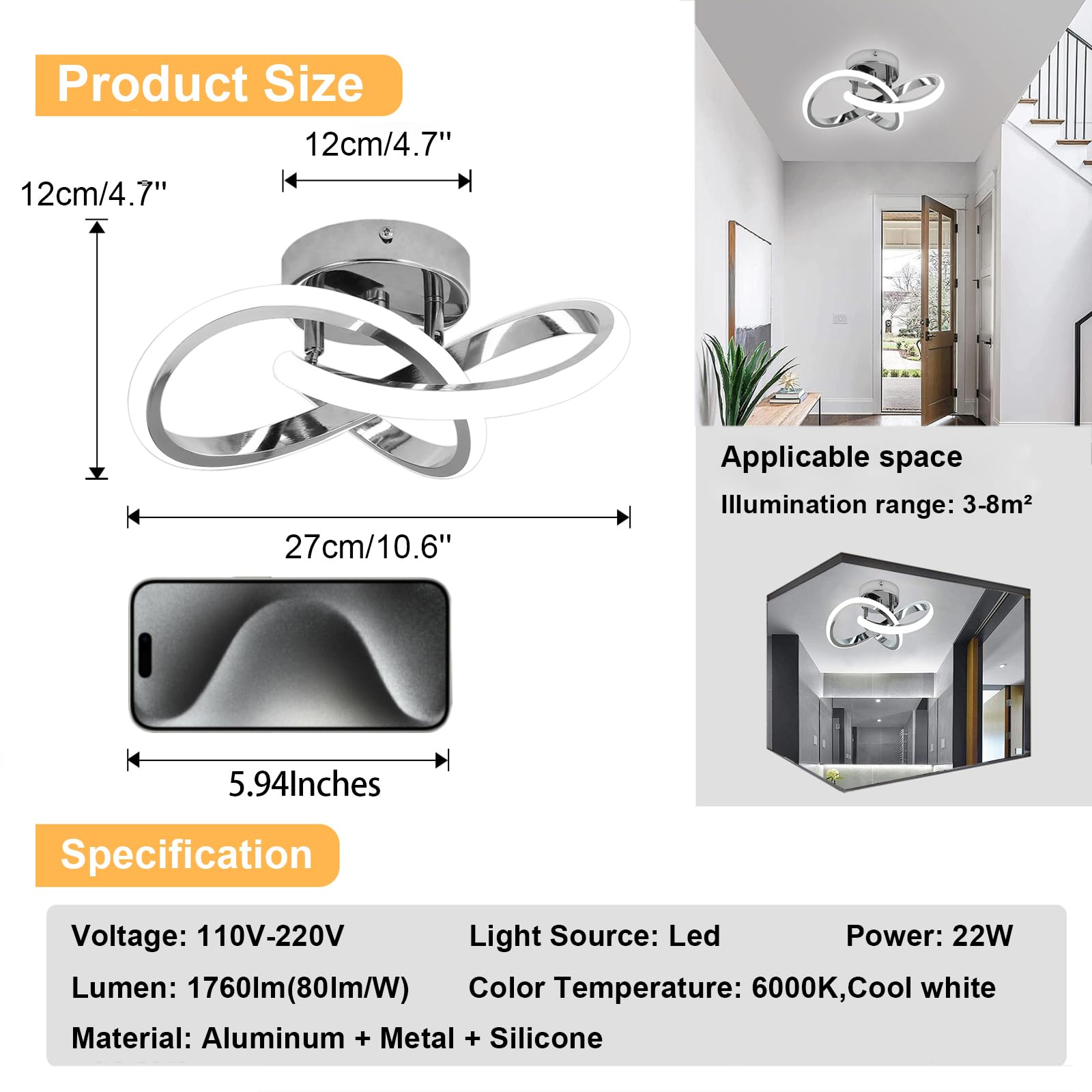 Caneoe Modern Led Ceiling Light Fixture, Acrylic, Chrome, 6000K, Flower Design, Ideal For Bedroom, Bathroom, Kitchen, And Hallway