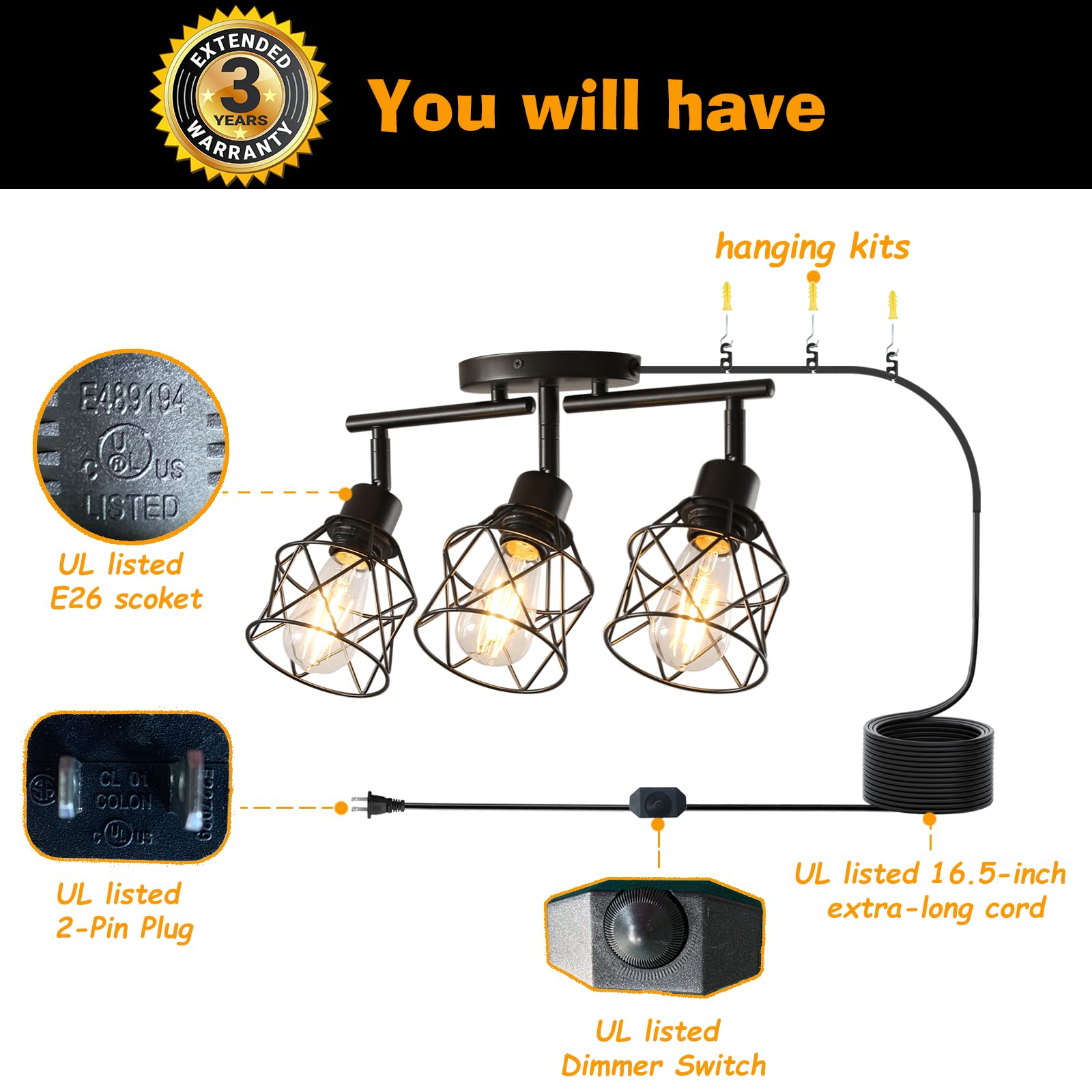 vivihobb Dimmable Plug in Track Lighting Kit, 3 Light Metal Ceiling Light, Black, Modern Industrial Style, 16.5' Cord