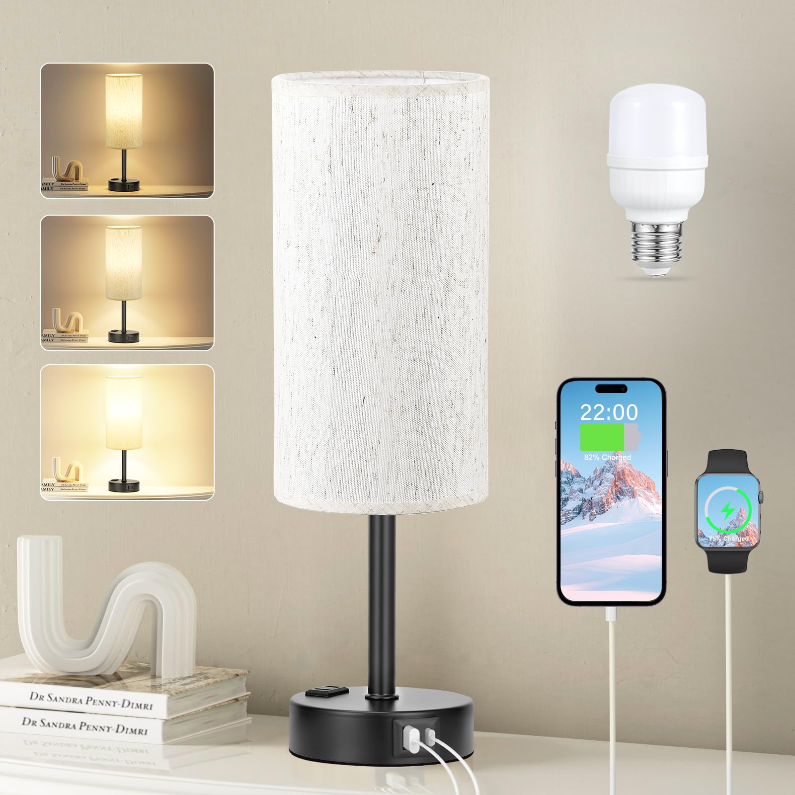 Light Beige Table Lamp for Nightstand - 3 Way Dimmable Bedside Lamp for Bedroom with USB C A Charging Ports and AC Outlet, Small