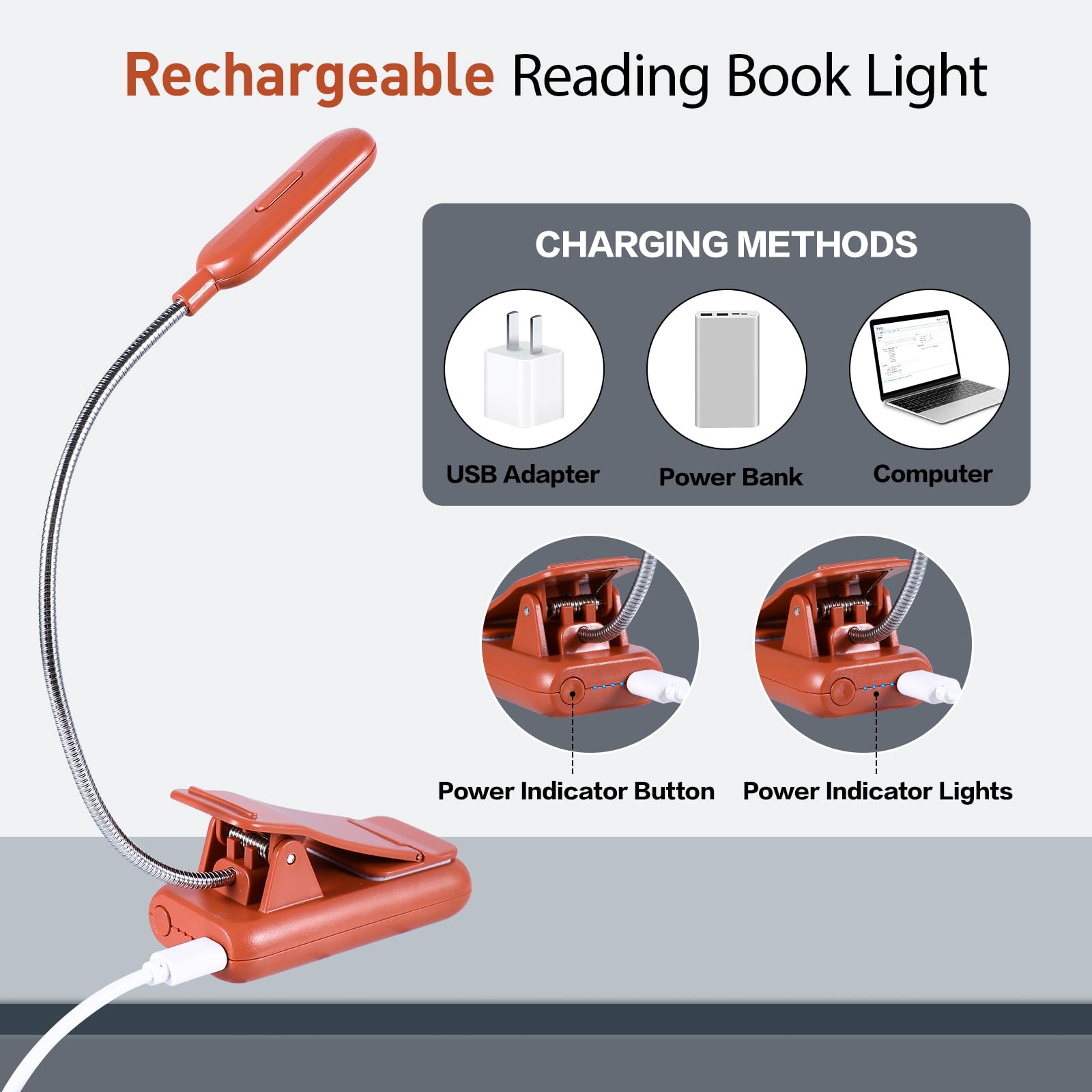 VAVOFO Rechargeable Book Light, 7 LED, 9-Level Warm Cool White, Eye Care, Model KM-6720, Mocha Brown