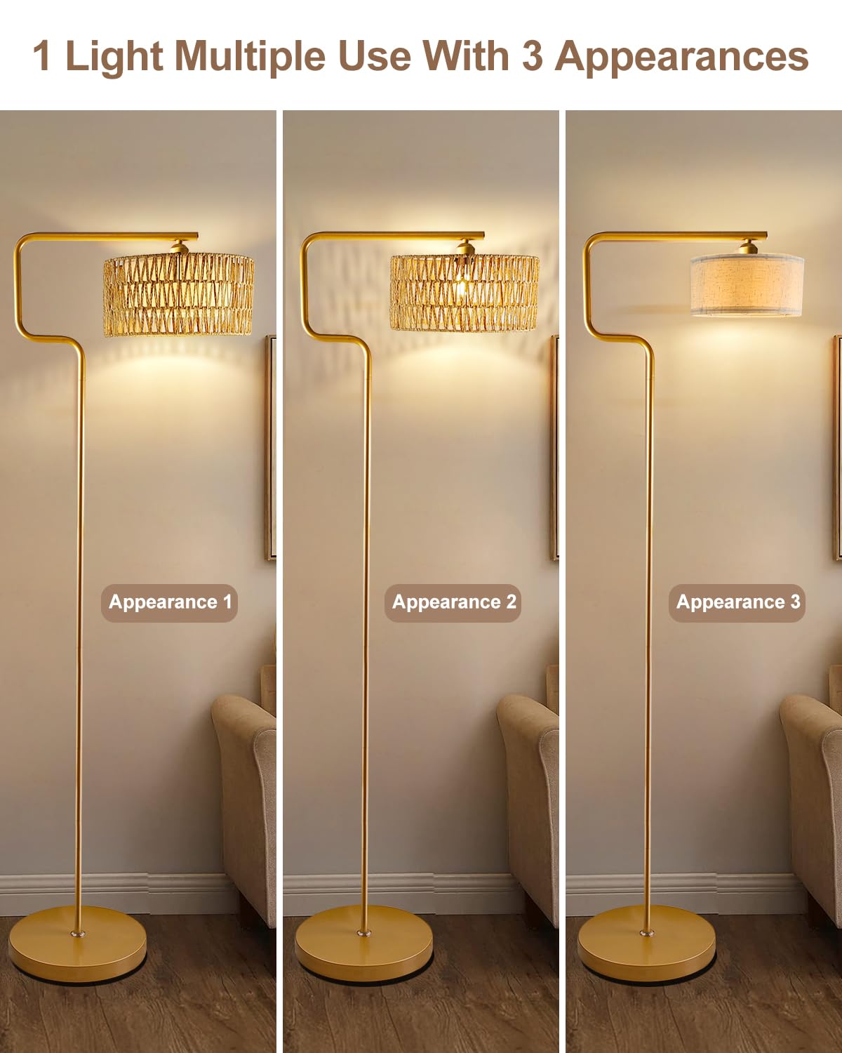 Lightdot Rattan Floor Lamp, Boho Arc Design, Metal & Linen Shades, Gold Color, Model LFLL-M-97A