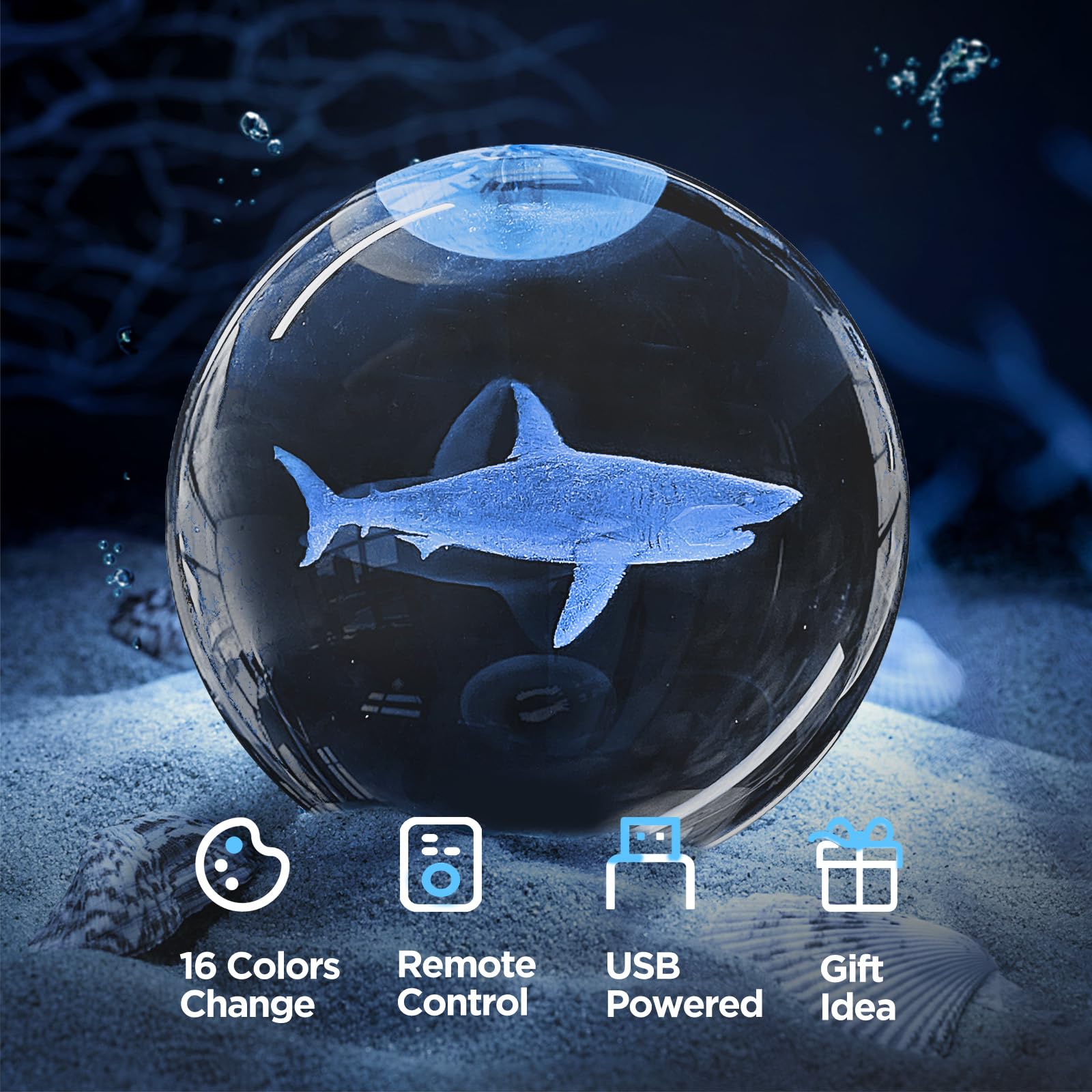3D Shark Crystal Ball Night Light With Remote Lifelike 3.15 In Shark Sea Animal Glass Ball Lamps With 16 Color Led Wooden Base For Birthday Holiday  Cool Shark Toy Room Decor Gifts For Boys Girls Kids