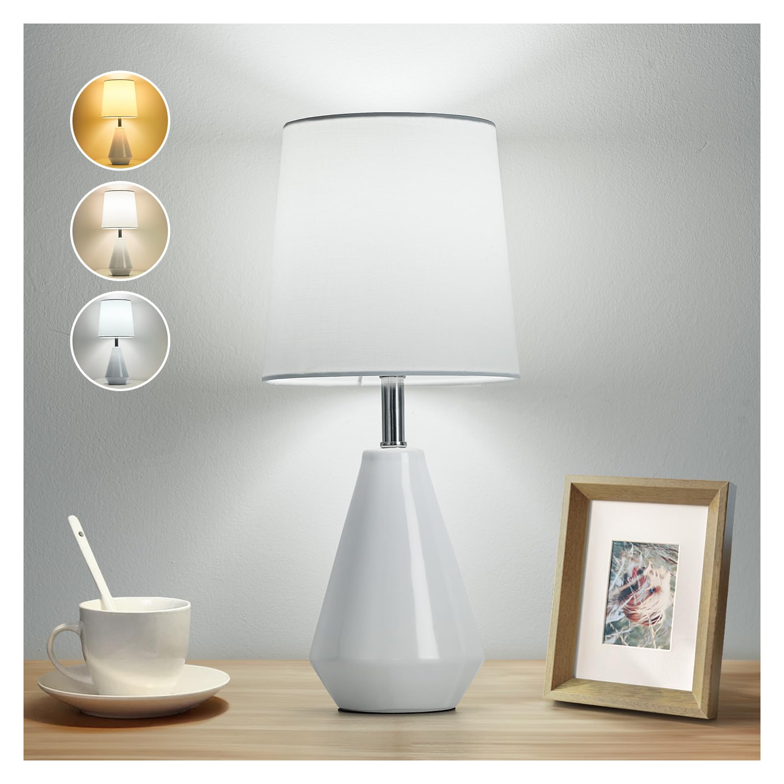 bdayanx Small Bedside Table Lamp for Bedroom - Reading Desk Lamp with 3 Color Temperatures,15.5 Nightstand Ceramic Lamp with Fab