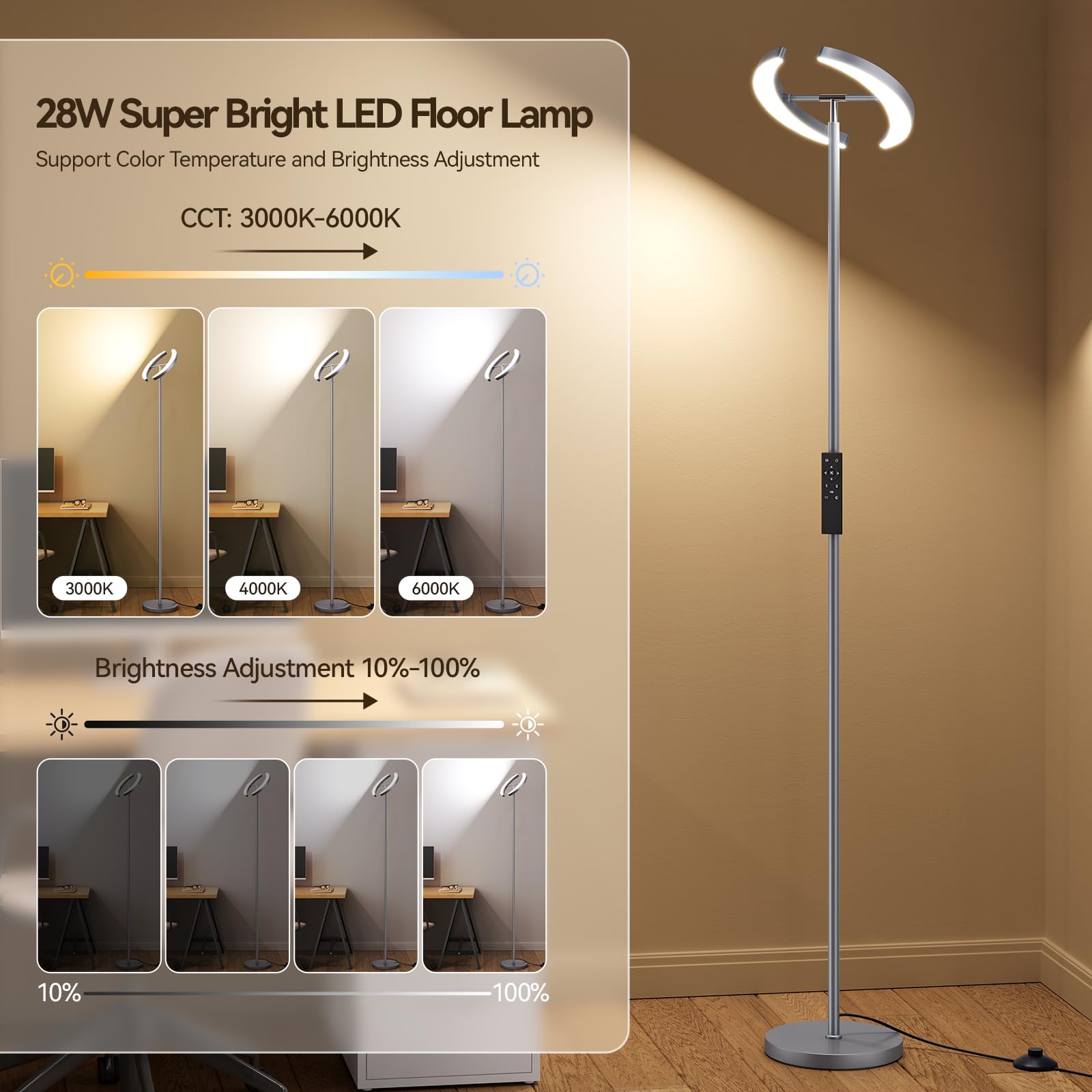 SUNMORY LED Floor Lamp, 28W Bright Standing Lamp, 74" Tall, Gray, with 2 Rotatable Lights & Remote, Modern Reading Corner Lamp for Living Room