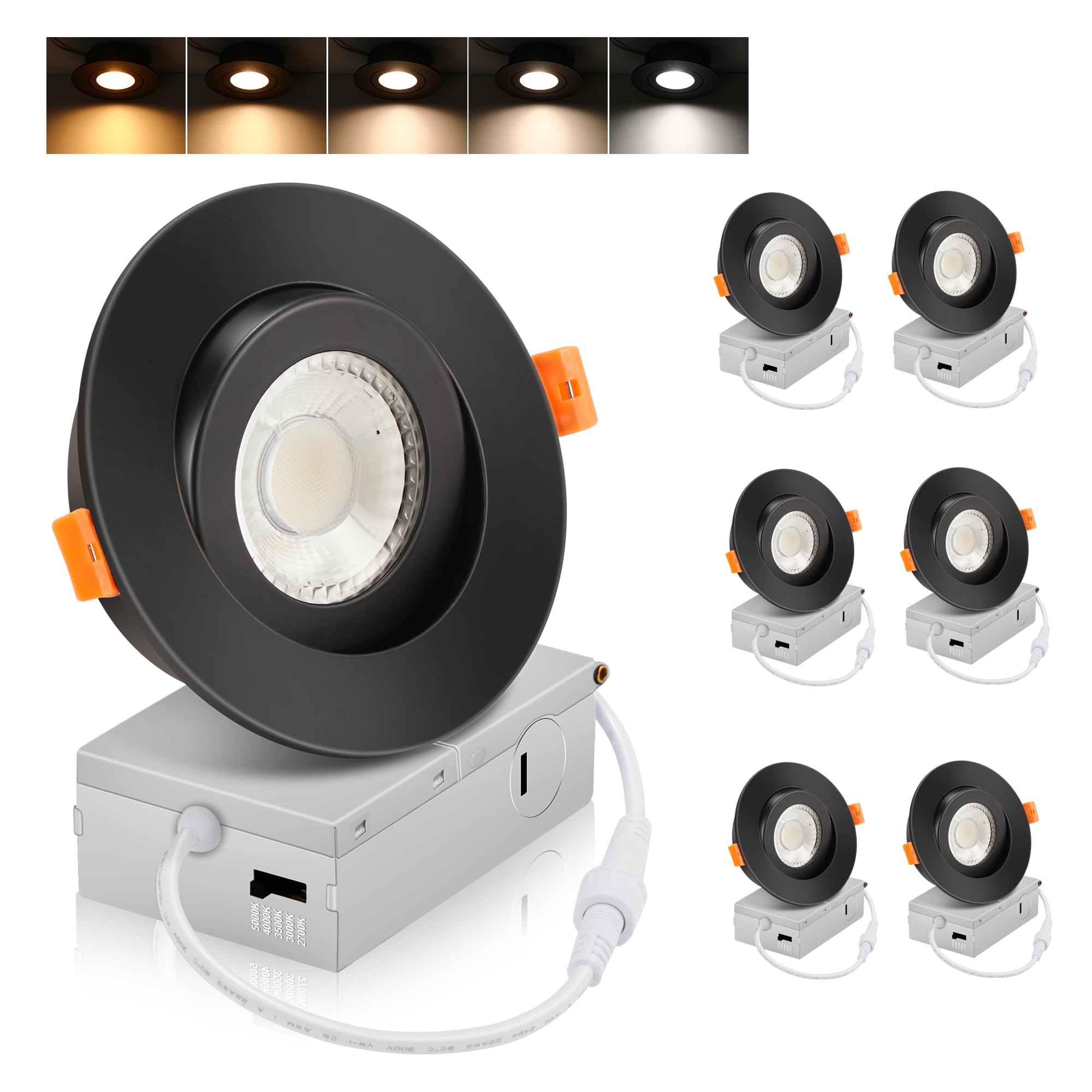 Cloudy Bay Eyeball 5 Color 4 Inch Gimbal Led Recessed Light With Junction Box,9.5W Cri90+ 2700K/3000K/3500K/4000K/5000K Selectable,Dimmable Canless Ceiling Spot Light,Damp Location,Black,Pack Of 6