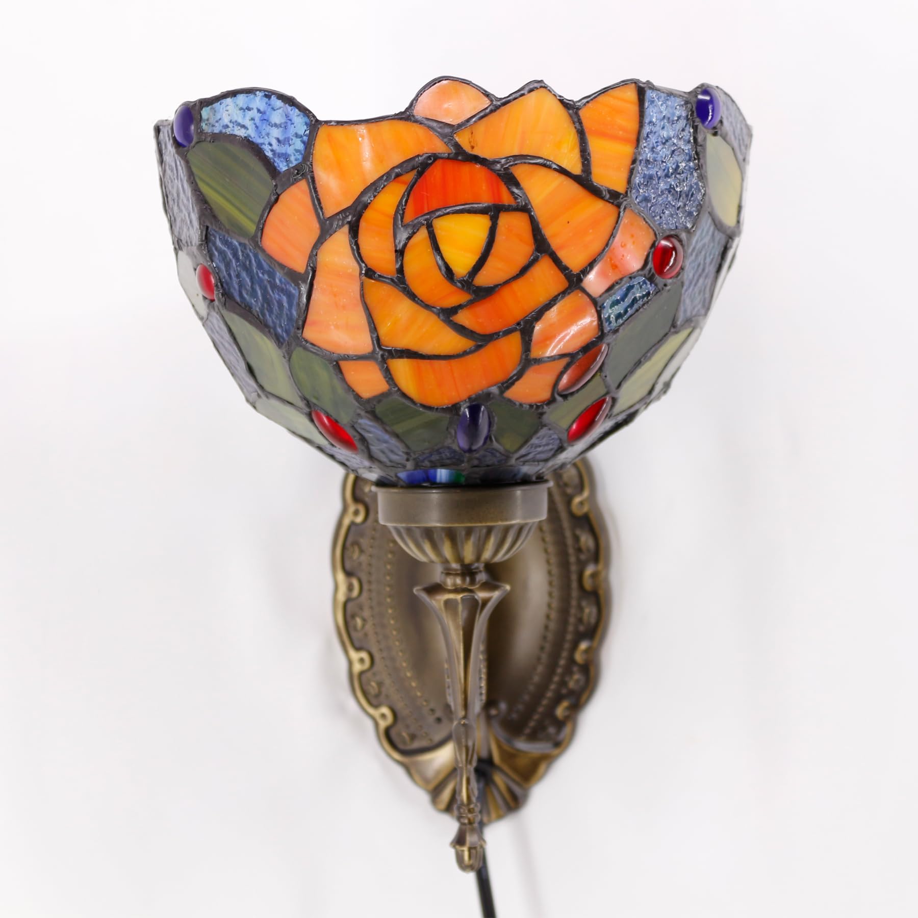 AVIVADIRECT Tiffany Wall Sconce Lamp, 8in Red Rose Stained Glass, Antique Bronze Base, 6ft Cord, Model W04, Middle Size