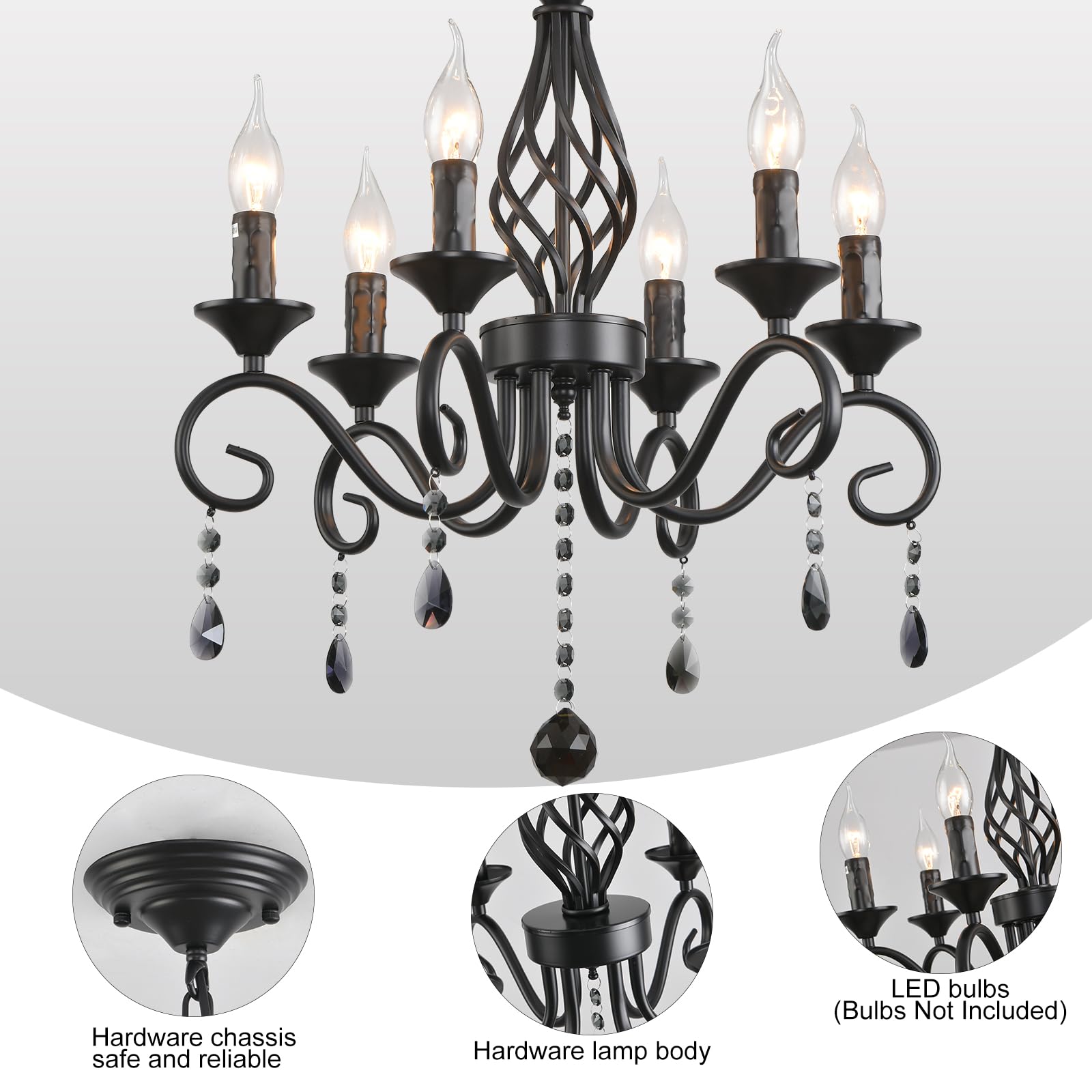 Ganeed 6-Light Black Crystal Candle Chandelier, Rustic Iron Pendant Light Fixture for Living Room, Dining Room, Bedroom, Model 058-6B
