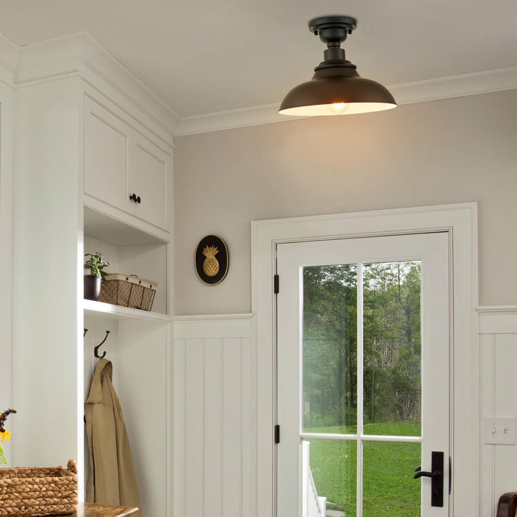 SAMTEEN 12-Inch Farmhouse Semi Flush Mount Ceiling Light, Black Metal, Model T7187CU-BW, Industrial Barn Style for Bedroom, Kitchen, Foyer