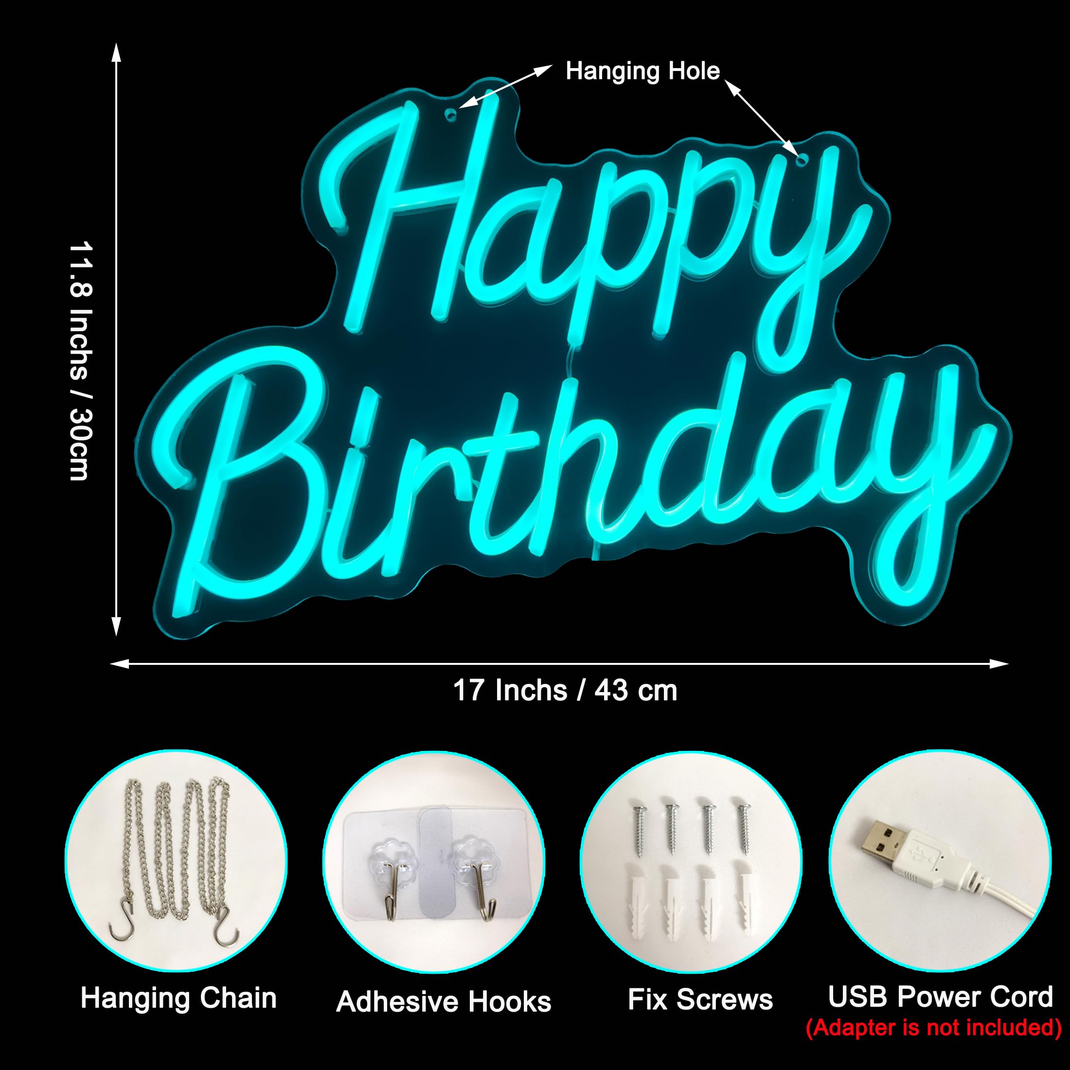 EMANNON Neon Happy Birthday Sign - Dimmable LED Light, Ice Blue, 17x12 Inch Acrylic for Party Decoration
