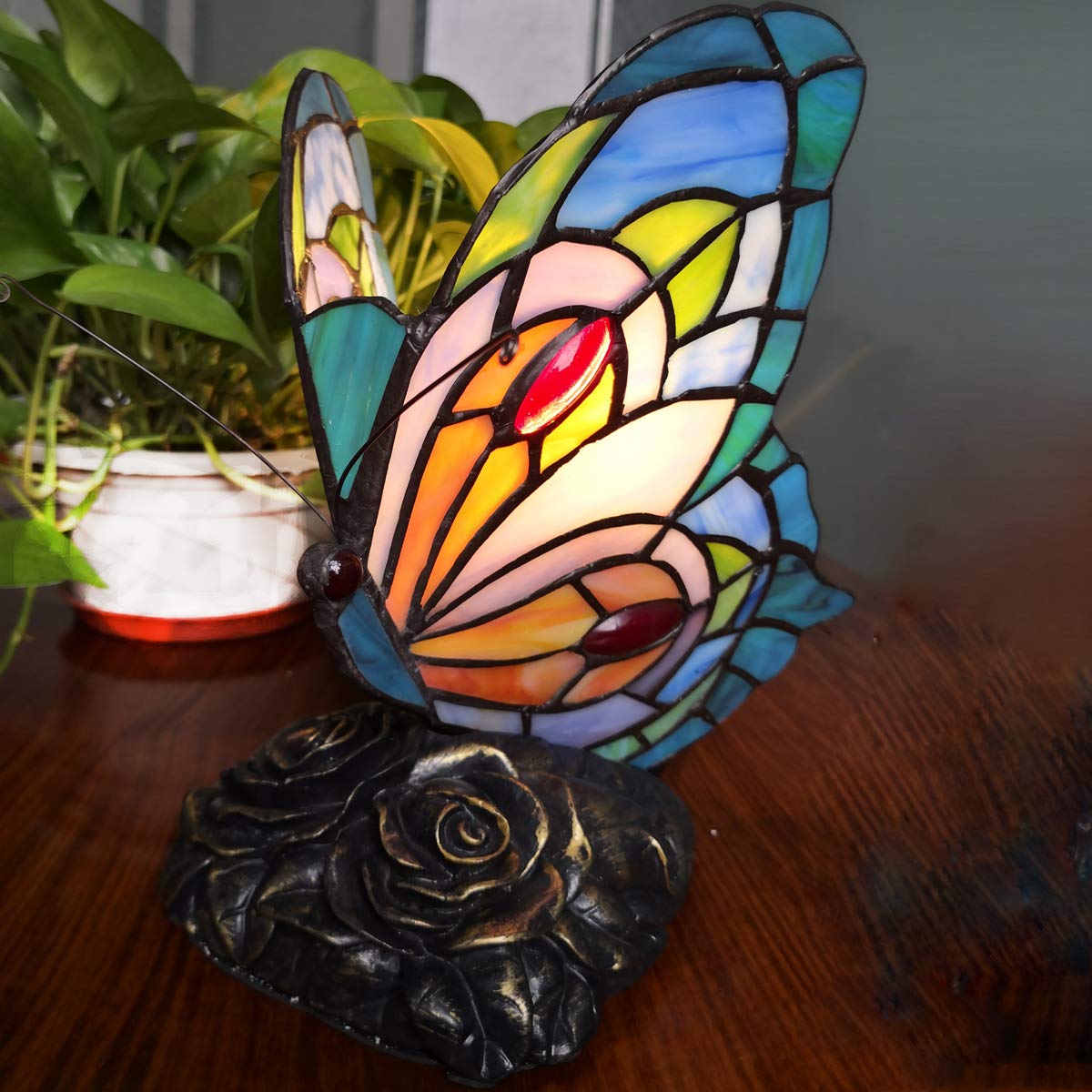 Fumat Bedside Table Lamp Led Tiffany Blue Fairy Butterfly Nightstand Table Lamps Stained Glass Shade On Off Switch Home Office D