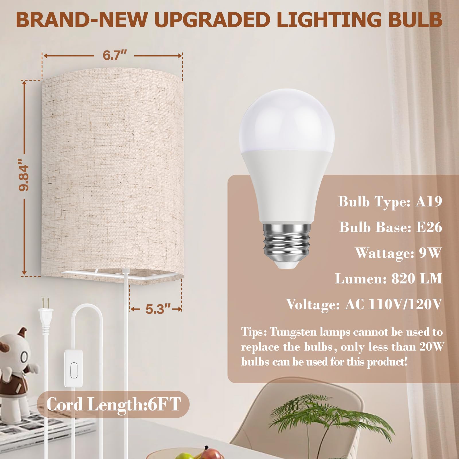 OCATO Wall Sconces Set of Two, Fabric Linen Shade, 3000K/4500K/6000K Selectable, Beige Plug-in, Model BYD-AC-001