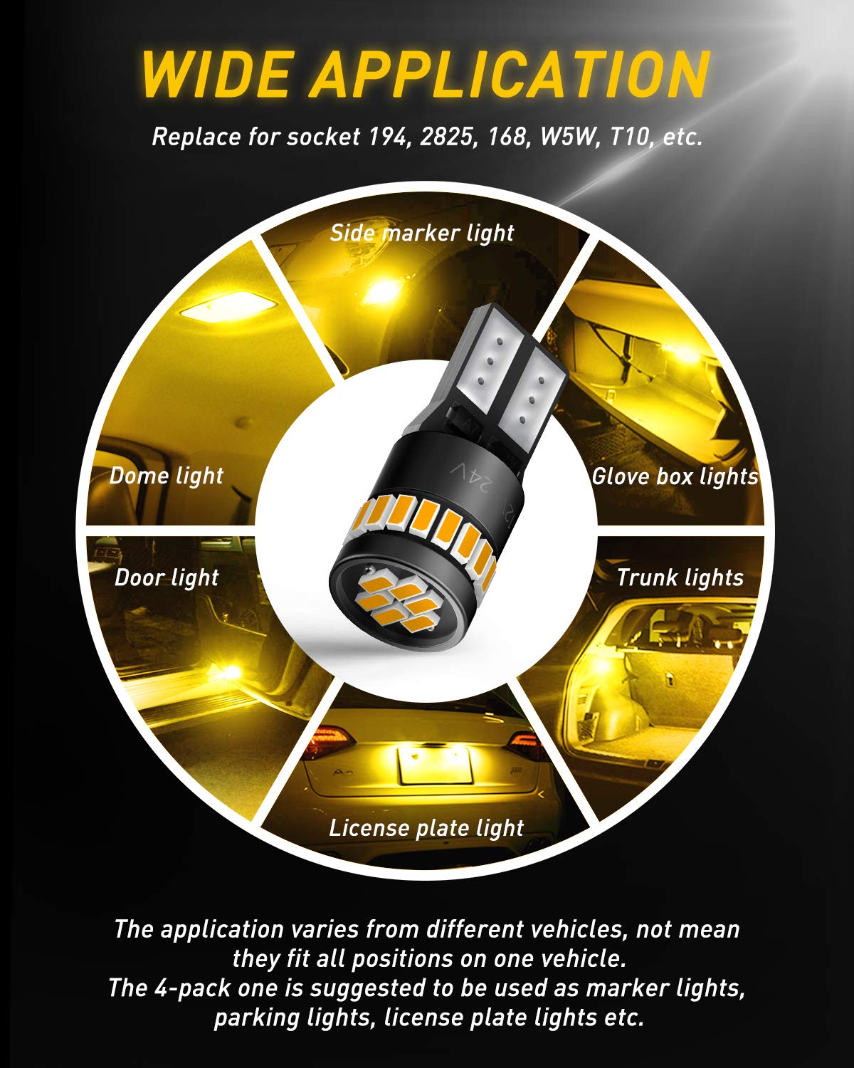 AUXITO 194 LED Light Kit, Amber Yellow, 24-SMD 3014, T10 Wedge, Pack of 10, Error-Free Replacement for Car Lights