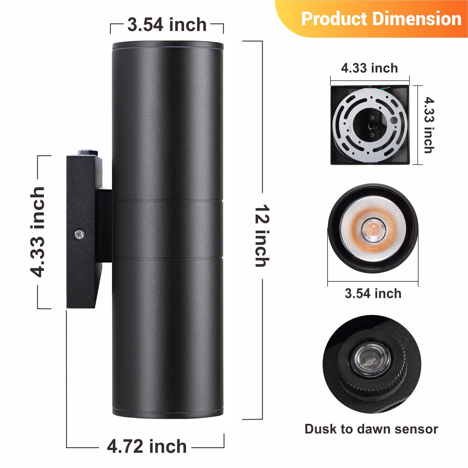 DAKAFUL Outdoor Wall Lights, 12W LED, Dusk to Dawn, IP65 Waterproof, 2 Packs, Black, Model DK-CWLS-2P