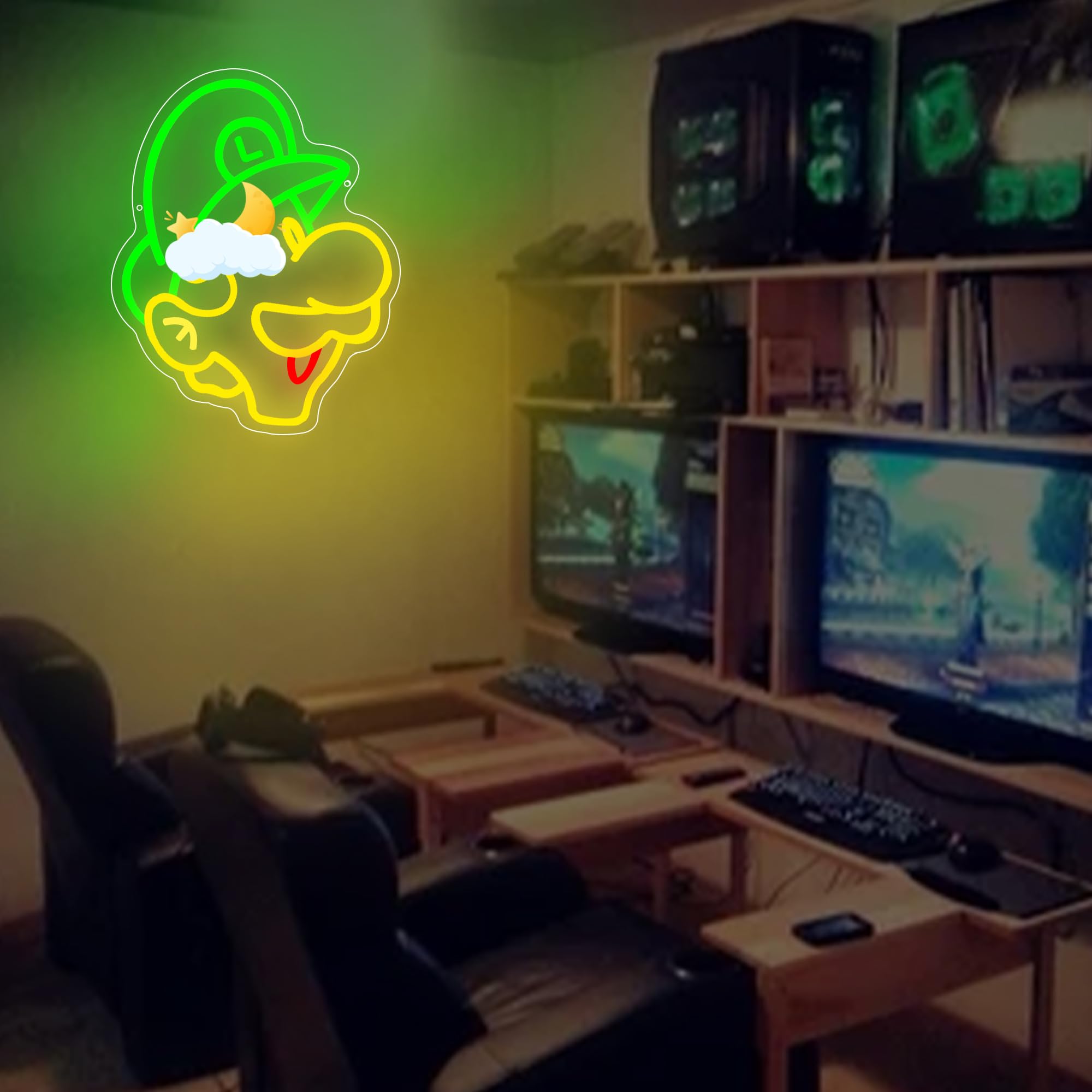 FTMGGDG Gaming Neon Sign LED Wall Decor, Anime Light Up Sign, 16.1x12.8 inches, Acrylic, Red & Green & Lemon-yellow, Model FMXD3001
