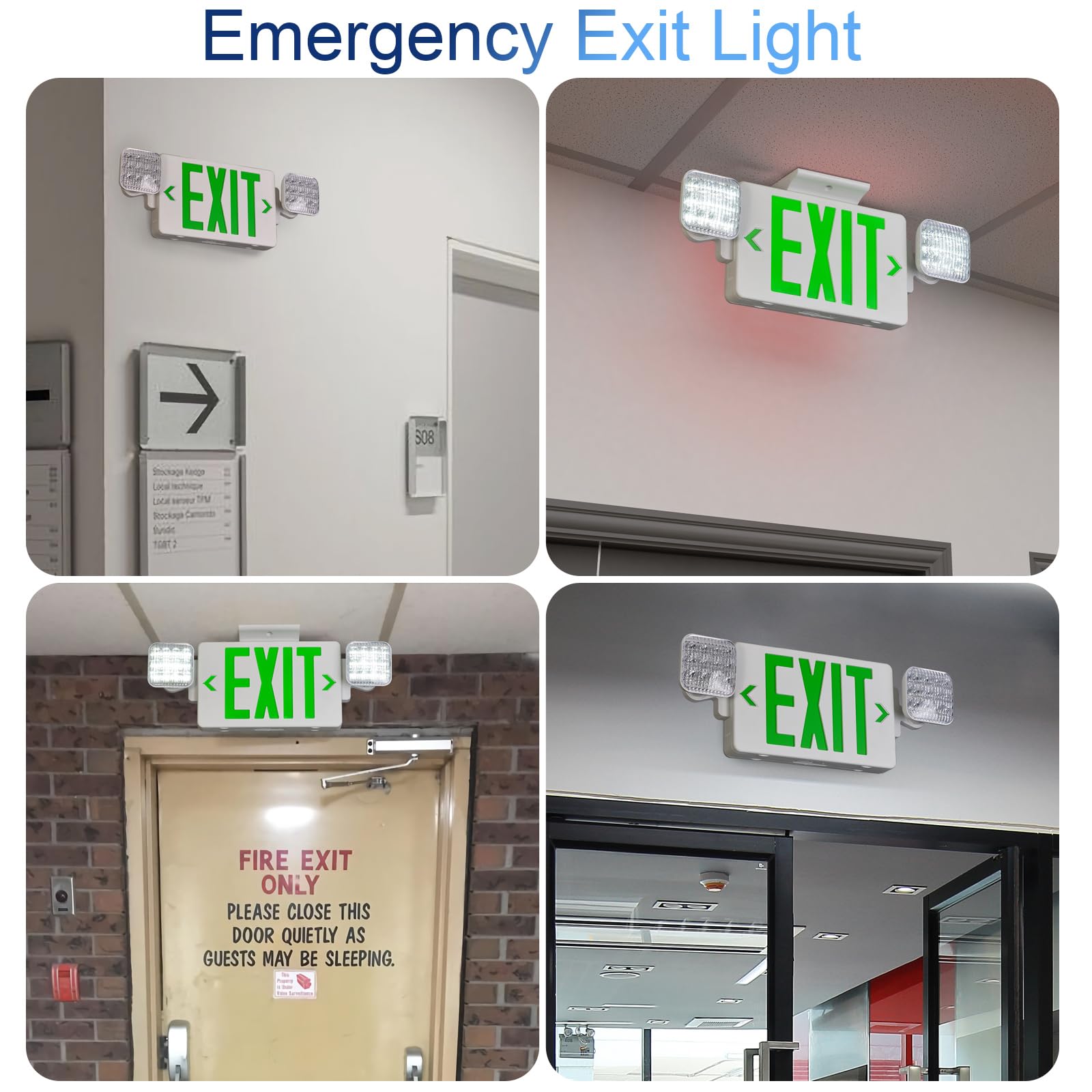 Cmmzy Green Exit Sign With Emergency Light, Two Adjustable Square Head,Exit Sign With Battery Backup,Us Standards,Ul Certified,Exit Sign Combo For Business,Ac 120/277V,6 Pack