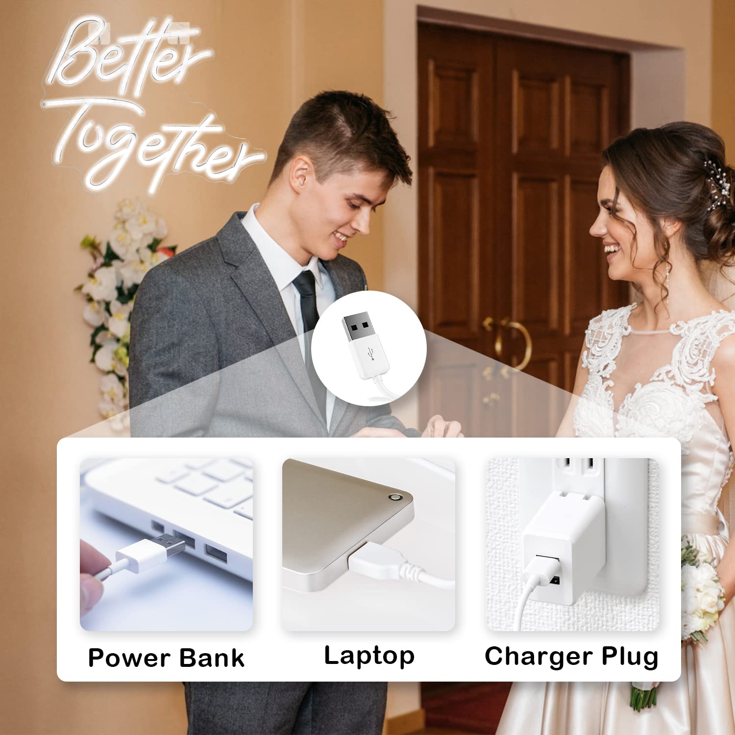 Looklight Neon Sign for Wall Decor, USB Powered White LED Light, Decorative Letters for Wedding and Bedroom Decor