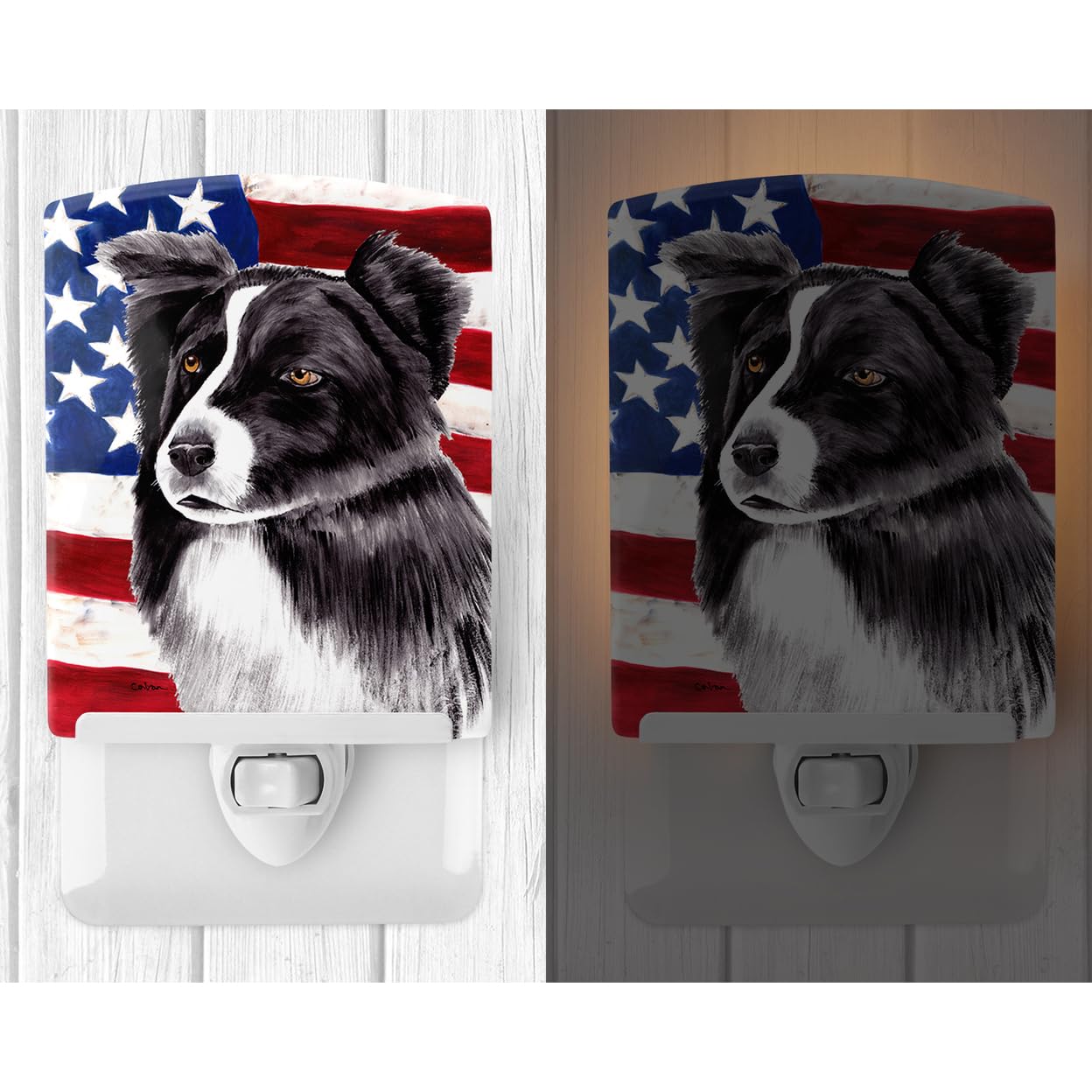 Carolines Treasures Ceramic Night Light, USA Flag & Border Collie, UL-Certified, 6x4x3 inches, Multicolor, Model SC9009CNL