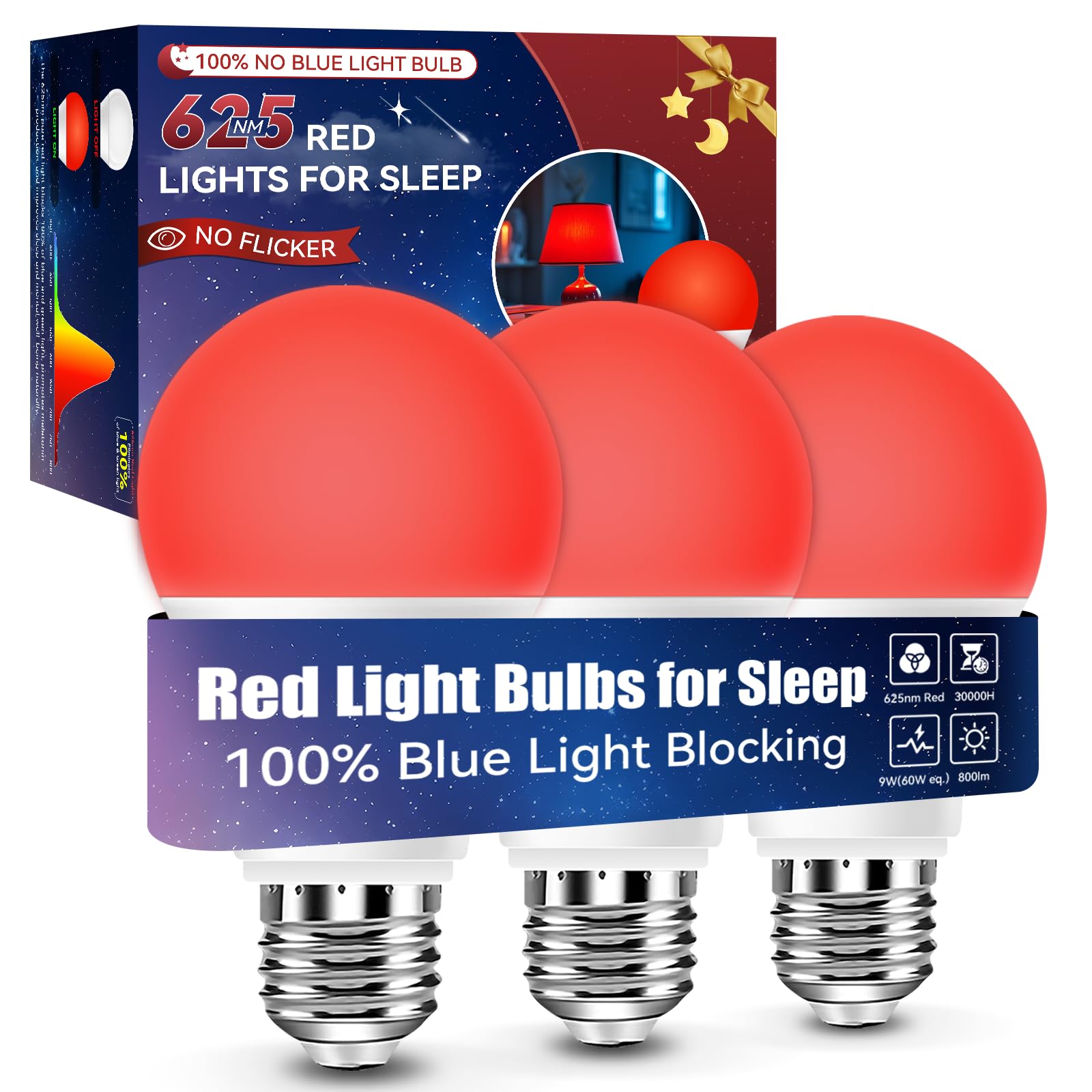 Neporal Red LED Light Bulbs, 9W Equivalent, 100% Blue Light Blocking, 3-Pack, A19 Size, Ideal for Sleep and Reading
