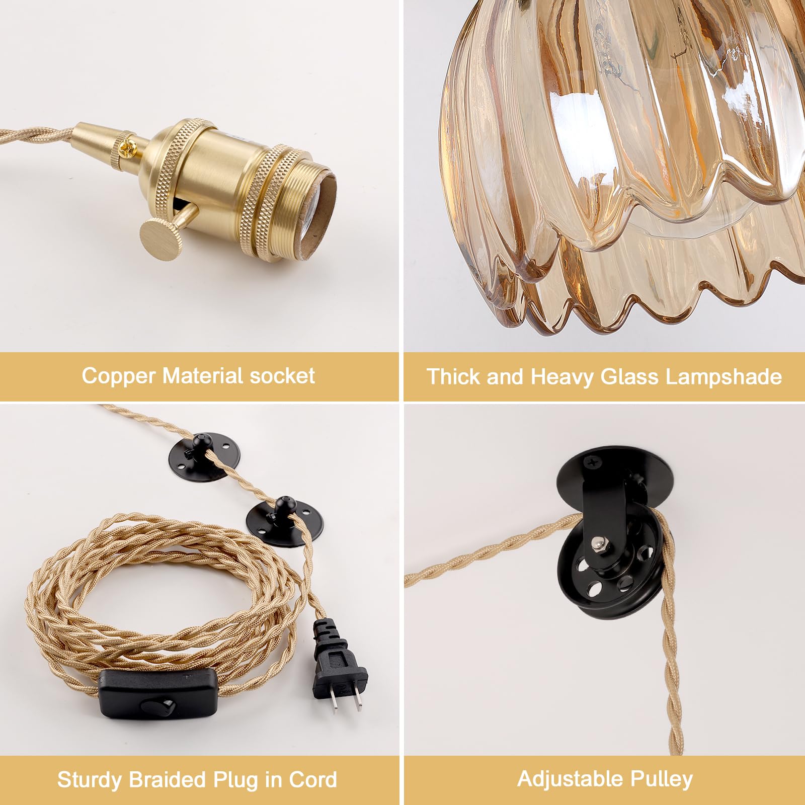 Shenmoyl Mini Plug In Pendant Light Hanging Light Fixture Corded On/Off Switch Brass Pendant Light With Amber Tulip Glass Lampsh