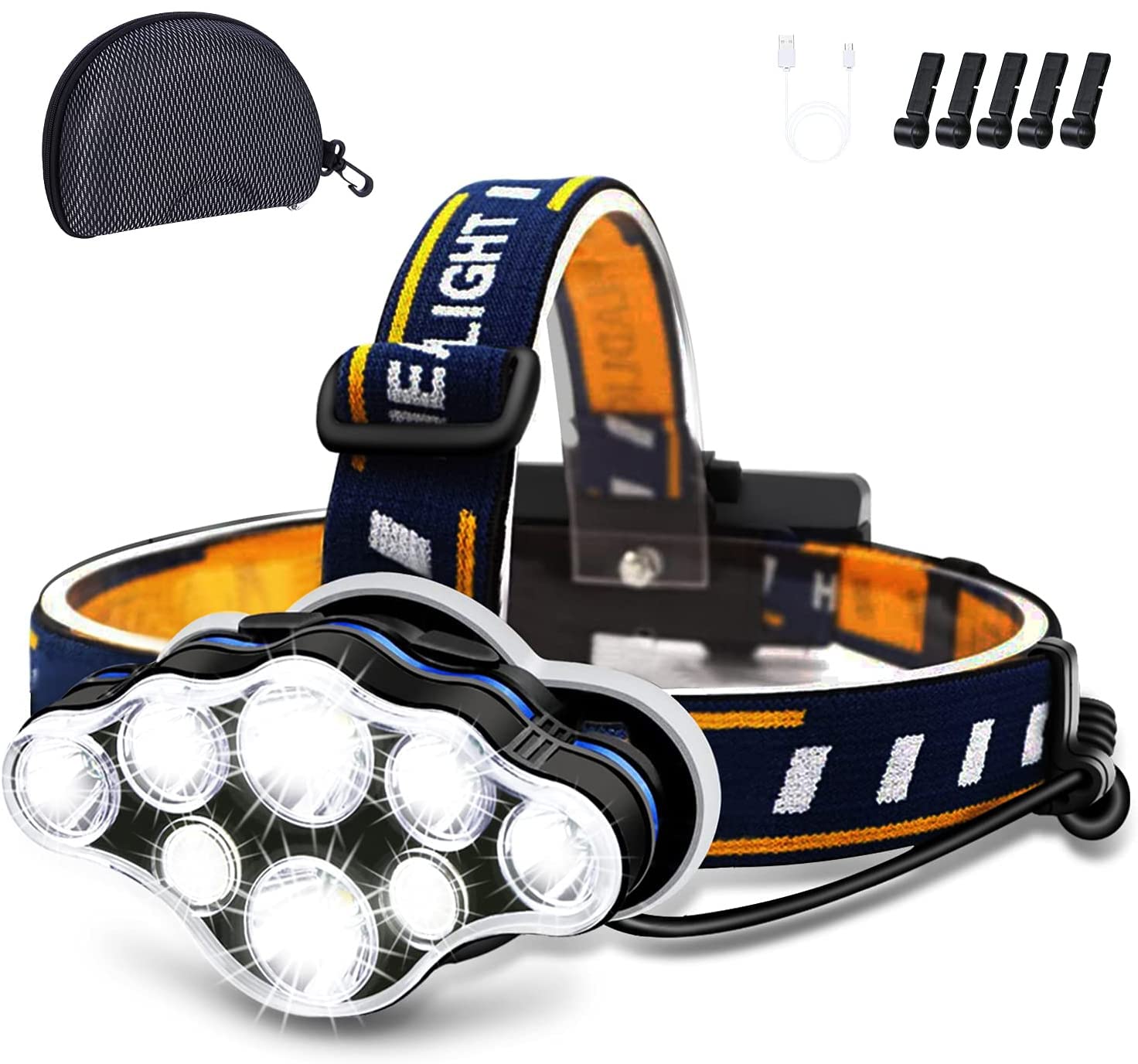 Ochter Rechargeable Headlamp - 18000 Lumen, 8 Led, 8 Modes, Waterproof, Usb, Ideal For Camping, Cycling, Running, Fishing