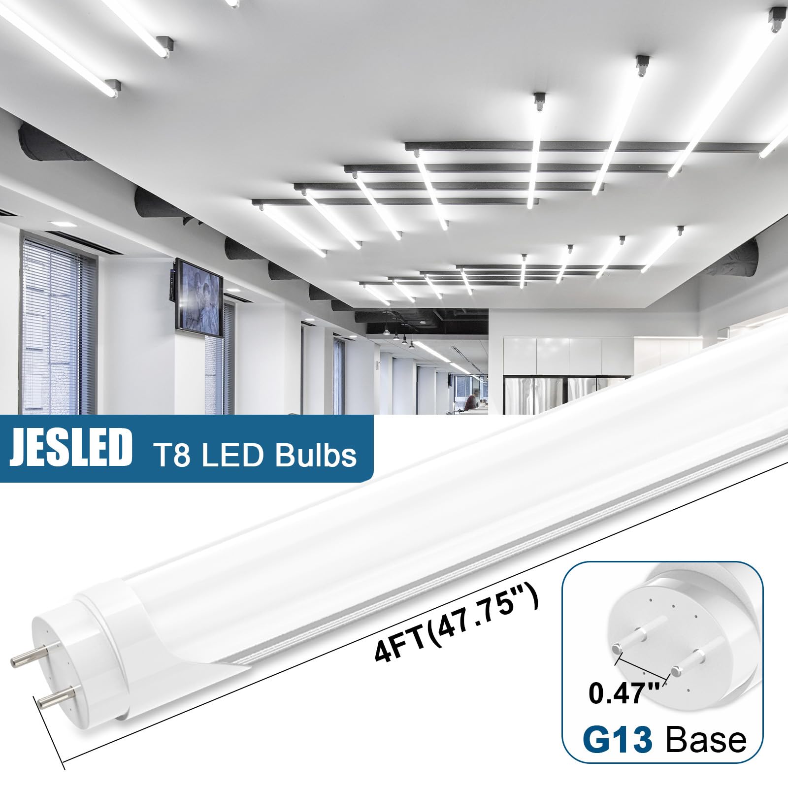 Jesled 4Ft Led T8 Type A+B Tube Lights, 24W(65W Equiv.), 3200Lm, 6000K, Single Or Double End Powered, Plug And Play Or Ballast B
