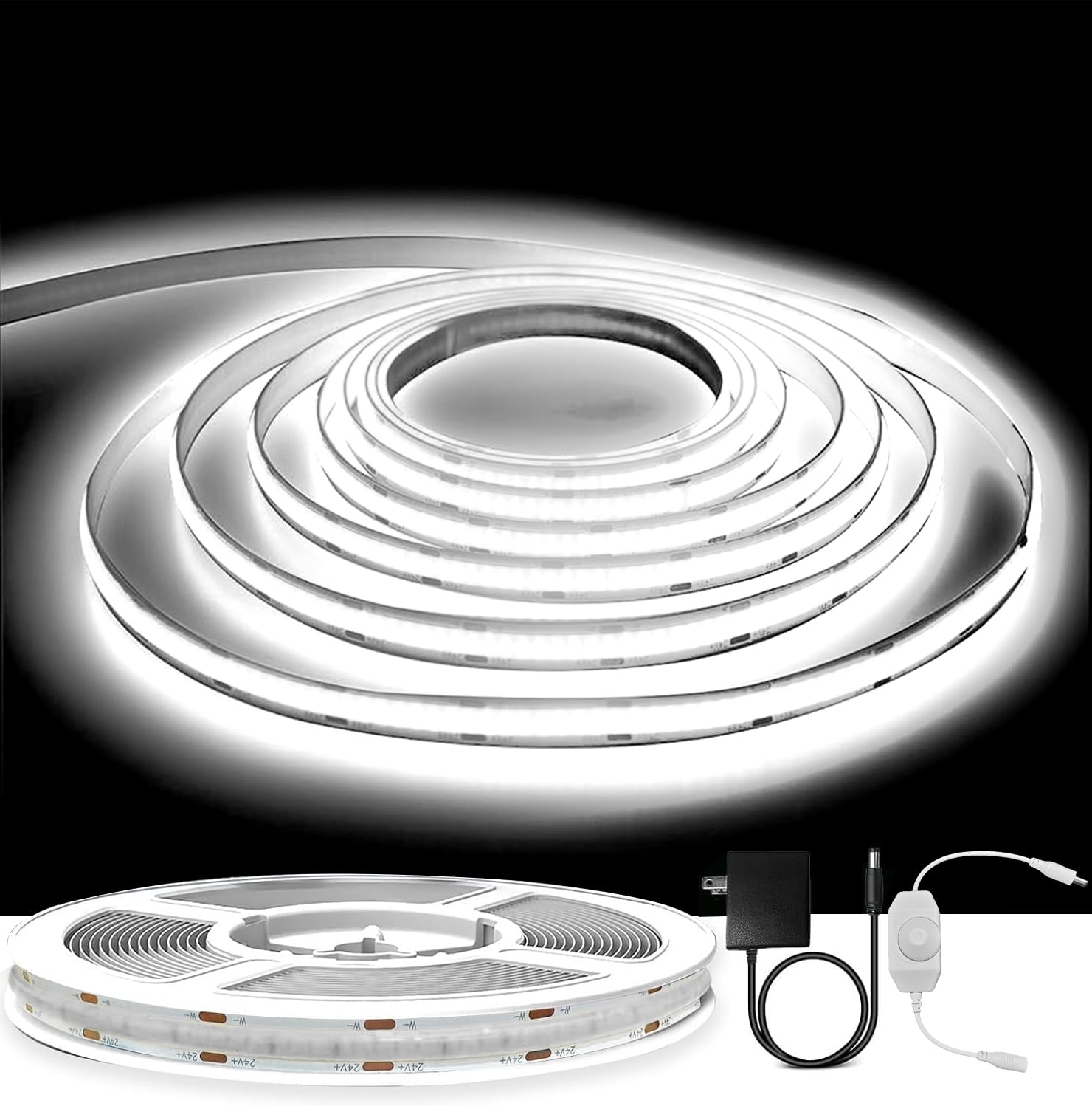 GUPUP 16.4ft COB Turnable Rope Light, White LED Strip Light, 6500K 24V, 1600 LEDs Density Lighting Strip with Dimmable Switch, 3