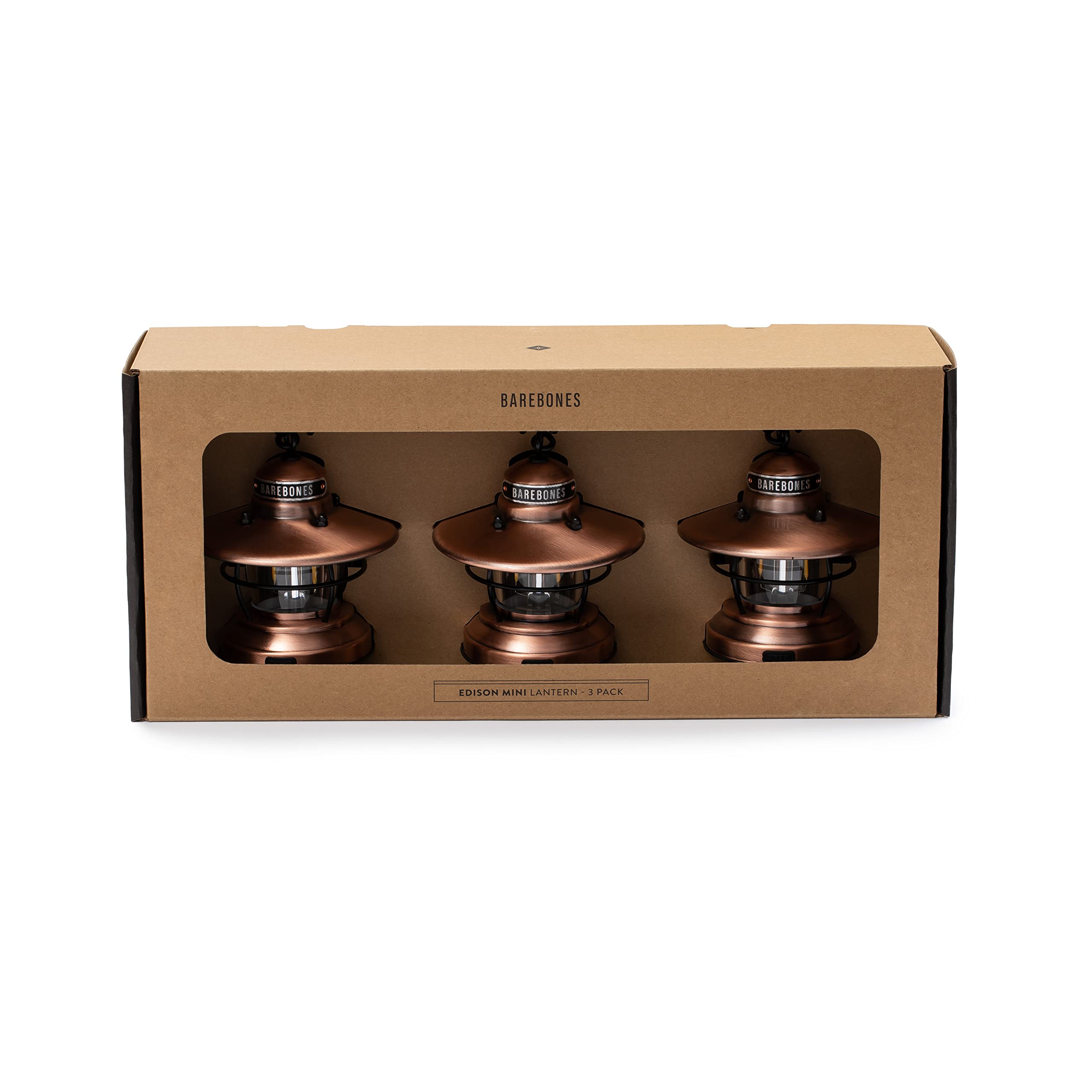Barebones Edison Mini Lantern - 3 Packs Copper, Vintage LED Camping Lantern with Adjustable Brightness - Compact Weatherproof Ou