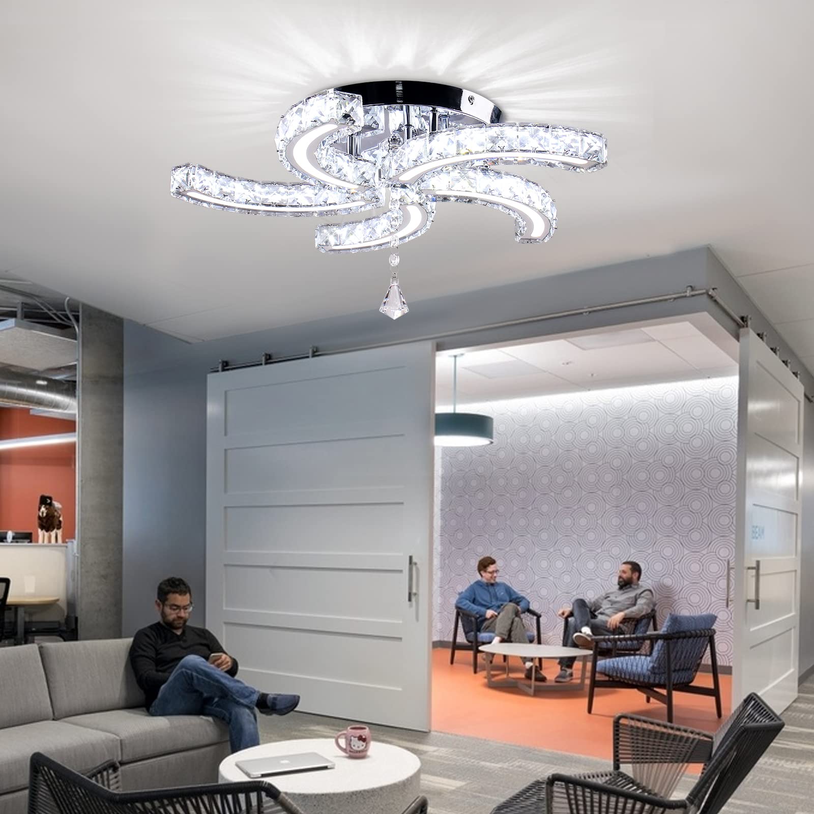 Cainjiazh Modern Crystal Chandelier - Acrylic LED Ceiling Light Fixture, 19.7” Cool White, Model MC082 for Living Room, Dining Room, Bedroom