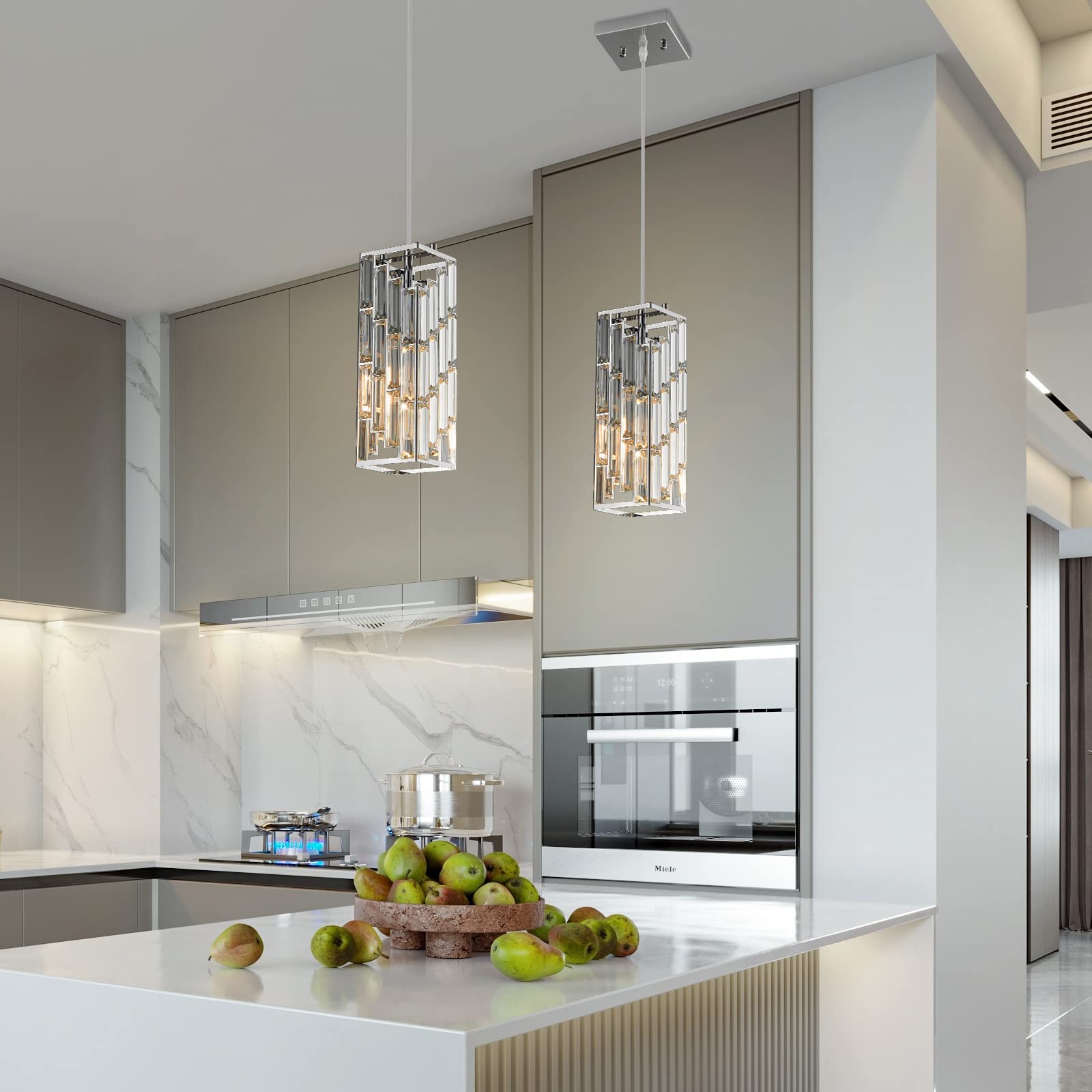 FDPBY Chrome Mini Crystal Pendant Light Fixture, 2-Pack Adjustable Chandeliers for Kitchen, Dining Room, Bedroom - Model JP-002