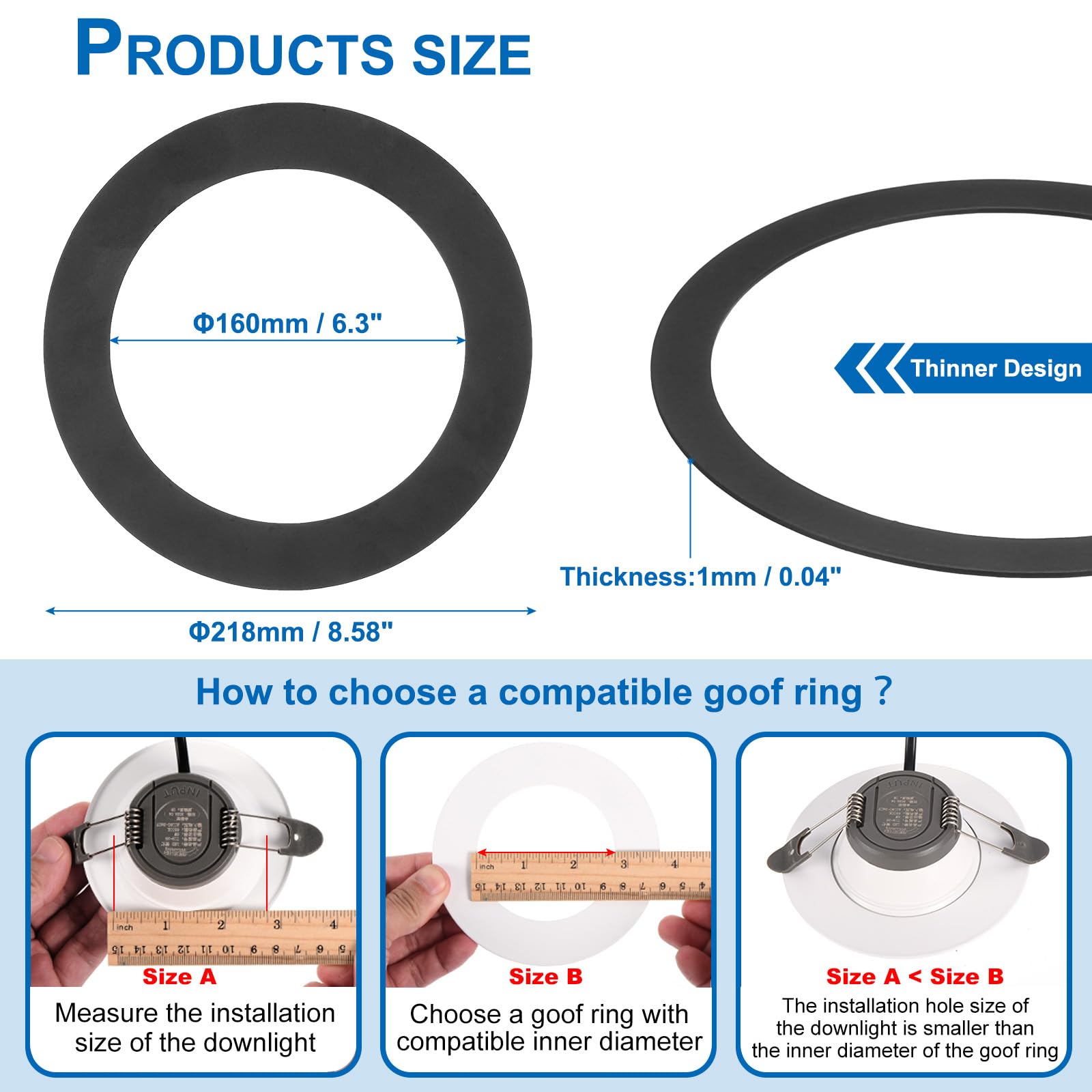 PATIKIL Light Trim Ring, Black Goof Ring for Ceiling Wall Recessed Can Downlights, 8.58" OD x 6.3" ID, Metal