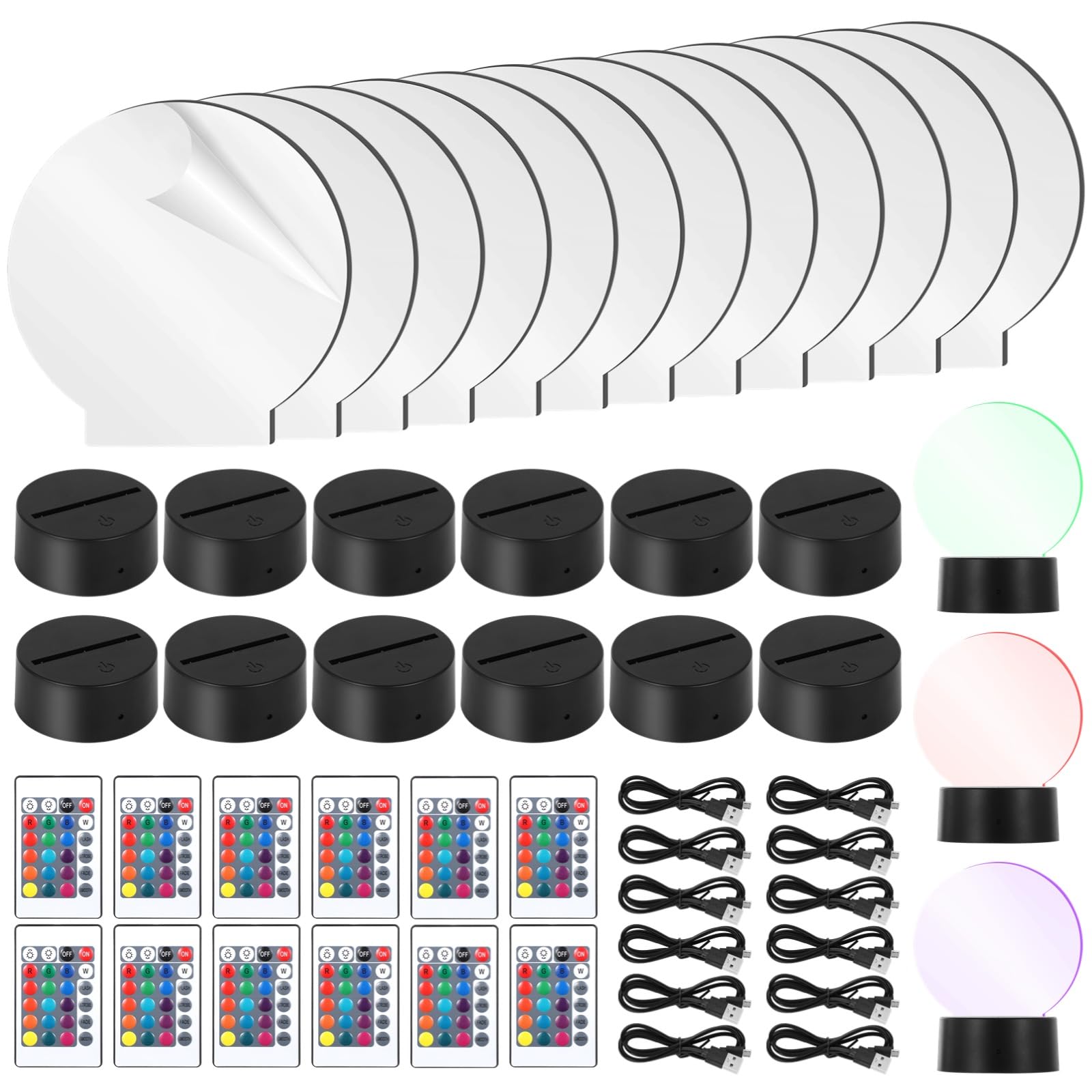 Tideme 12 Sets Led Light Base with Acrylic - Clear Round 3.8MM Acrylic Sheet and LED Night Light Display Base with Control USB C