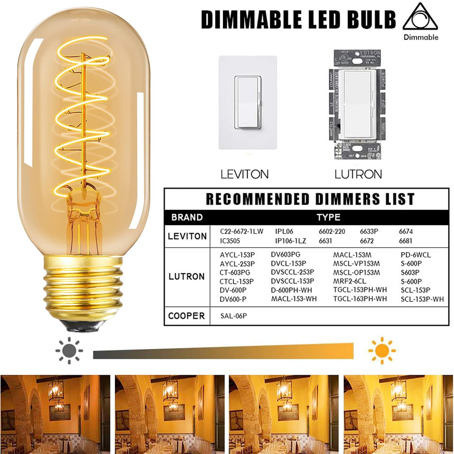 Vintage Led Spiral Filament Bulb T14, E26 Base, 4W Equivalent, 40W Warm White, 2200K, Dimmable, Ac120V, 400Lm, Amber Glass, Pack