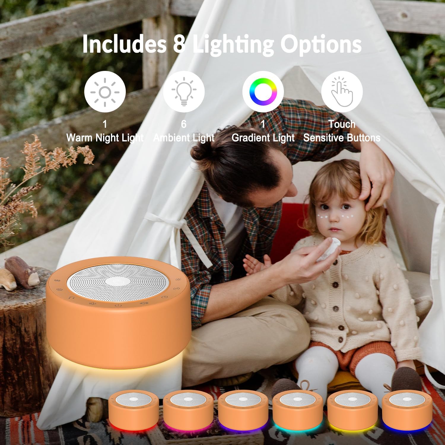 Kipcush Nursery Lamp with Sound Machine, 30 Sounds, 7 Colors Night Light, Touch Control, Timer, Orange