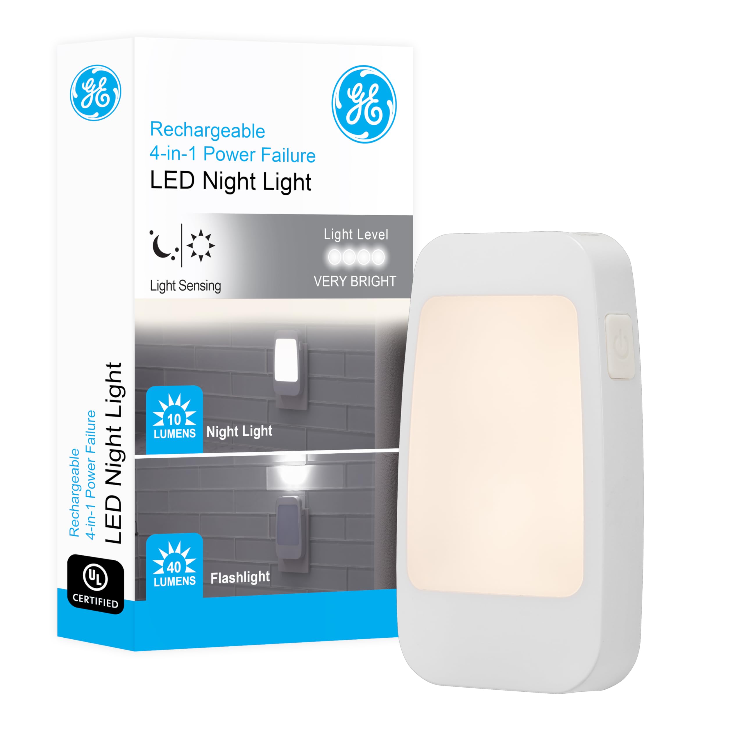 GE 4-in-1 LED Power Failure Night Light, Dusk-to-Dawn Sensor, Foldable Plug, Portable, Flashlight, Ideal for Storm, Outage, Emer