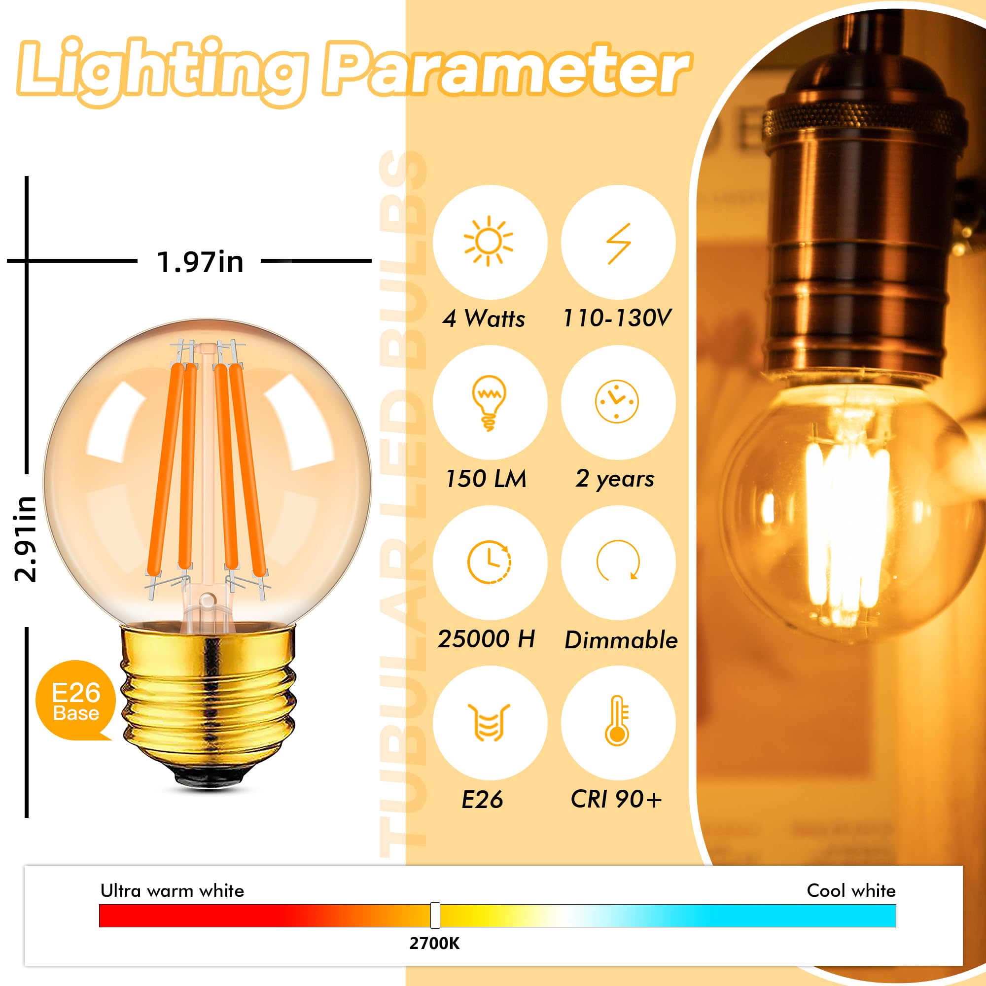 Grensk E26 Amber Led Light Bulbs 40 Watt,G16.5 4 Watt Edison Vintage Light Bulb,2700K Warm White For Home Or Commercial Lighting