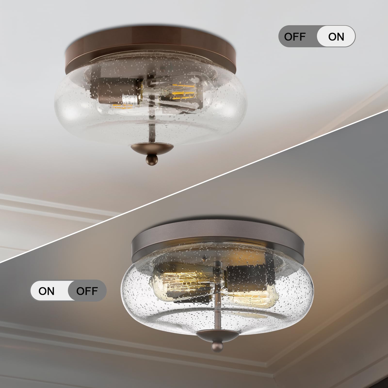 Darkaway Ceiling Light Fixtures, Oil-Rubbed Bronze, Metal, 11inch, Seeded Glass Shade, Model 6T1F, Indoor Outdoor Flush Mount