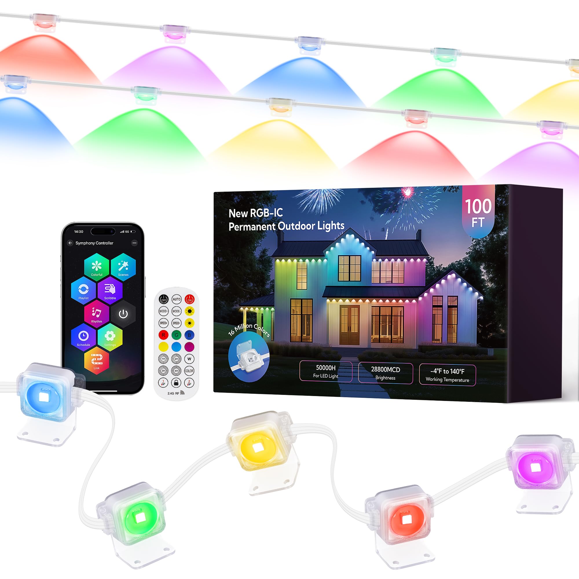 Qunlight Permanent Christmas Lights Outdoor for House 100FT Smart RGBIC Outside Light with 66 Scene Modes IP67 Waterproof Color Changing Lights for Roof Eaves Xmas Halloween All Holiday Decorations