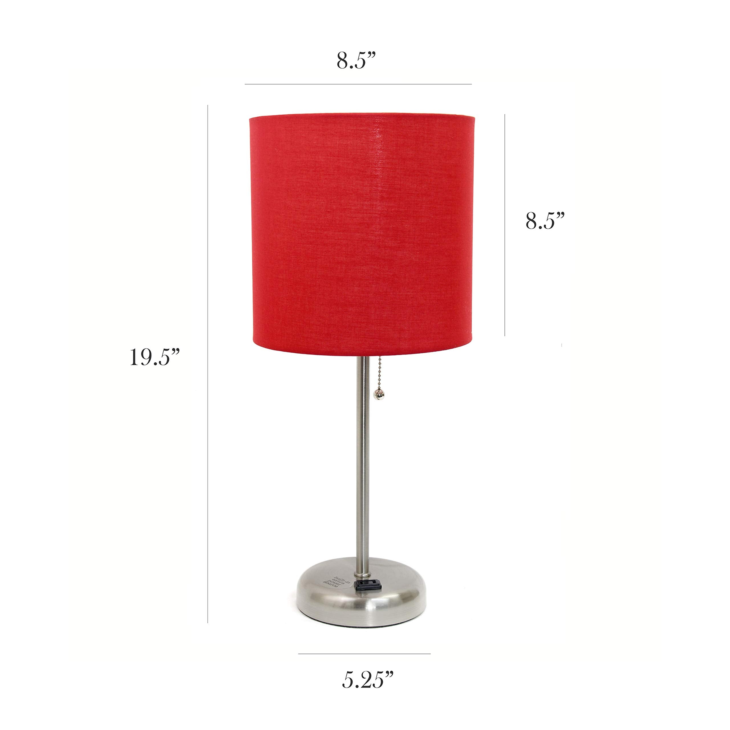Simple Designs Lc2001-Red-2Pk Brushed Steel Stick Table Lamp Set With Charging Outlet And Red Fabric Shades, 2 Pack Set