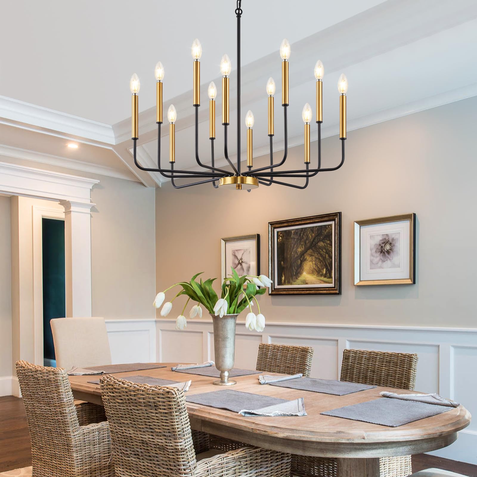 Zuyurt 12-Light Black And Gold Chandelier, Modern Farmhouse Chandelier For Dining Room Hanging Lighting Fixture, Metal Candle Chandelier With Chain For Living Room, Kitchen, Entryway, Foyer, Stairs