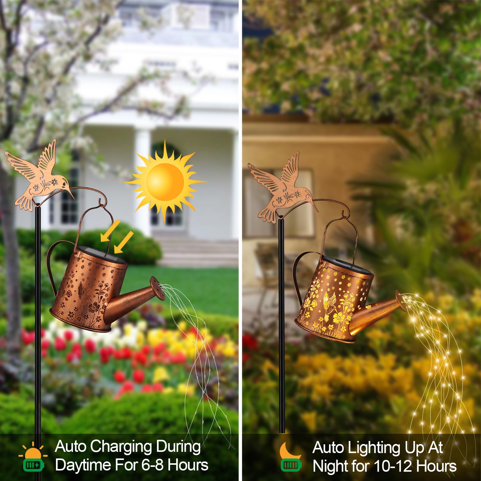 Outdoor Hanging Solar Lantern Waterproof Set Outside Metal Openwork Hummingbird Watering Can Landscape Lights For Garden Yard Patio Pathway Decor Birthday Gifts For Women Mom Grandma -With Floor Pole